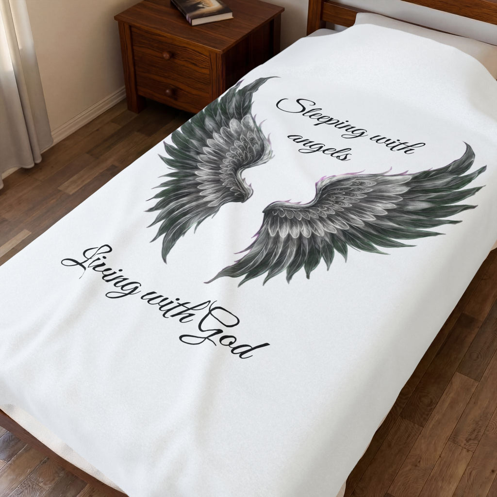 Velveteen Plush Blanket — Angel Wings "Sleeping with Angels, Living with God" B/W