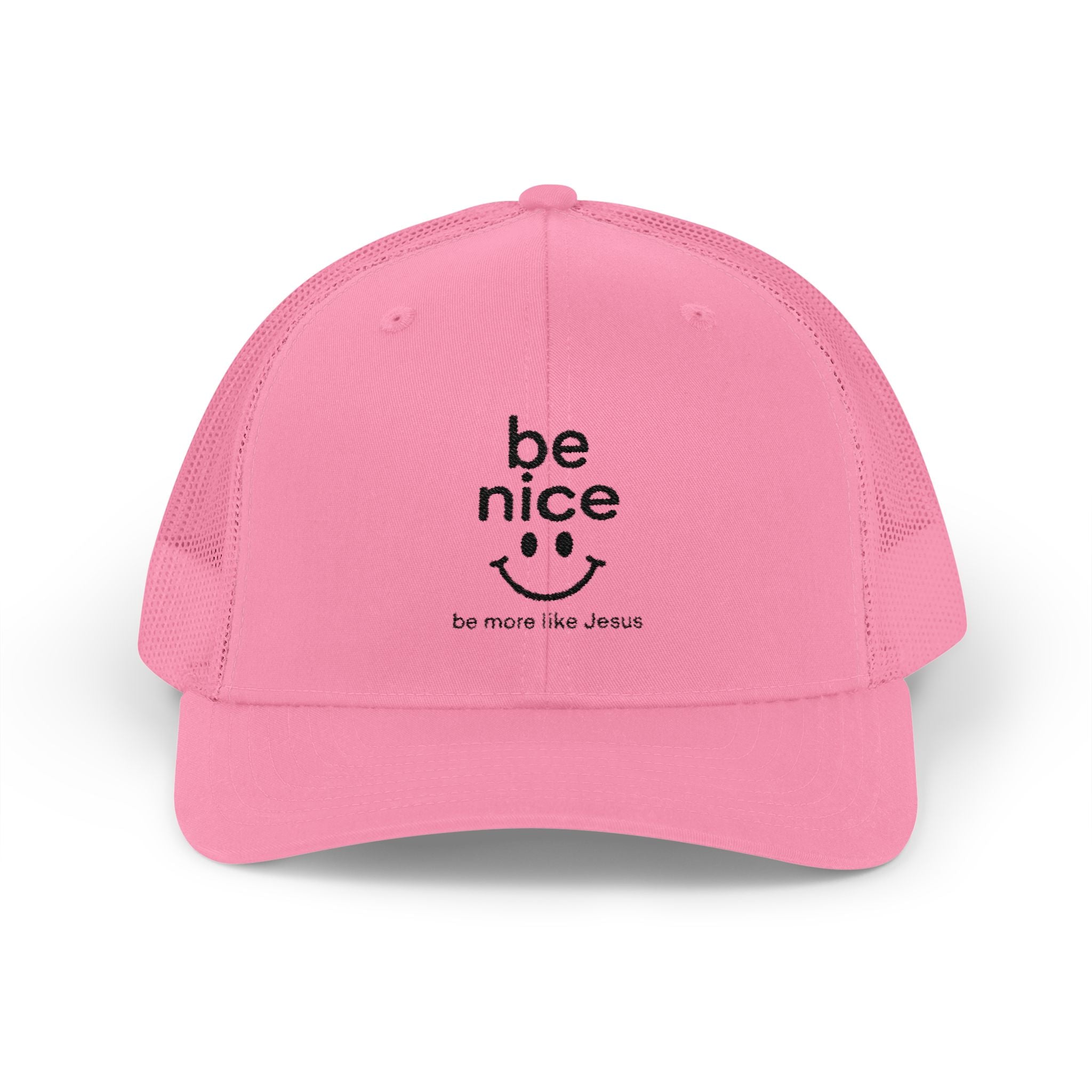 Be Nice Smiley Snapback Trucker Cap — Positive Message Mesh Hat