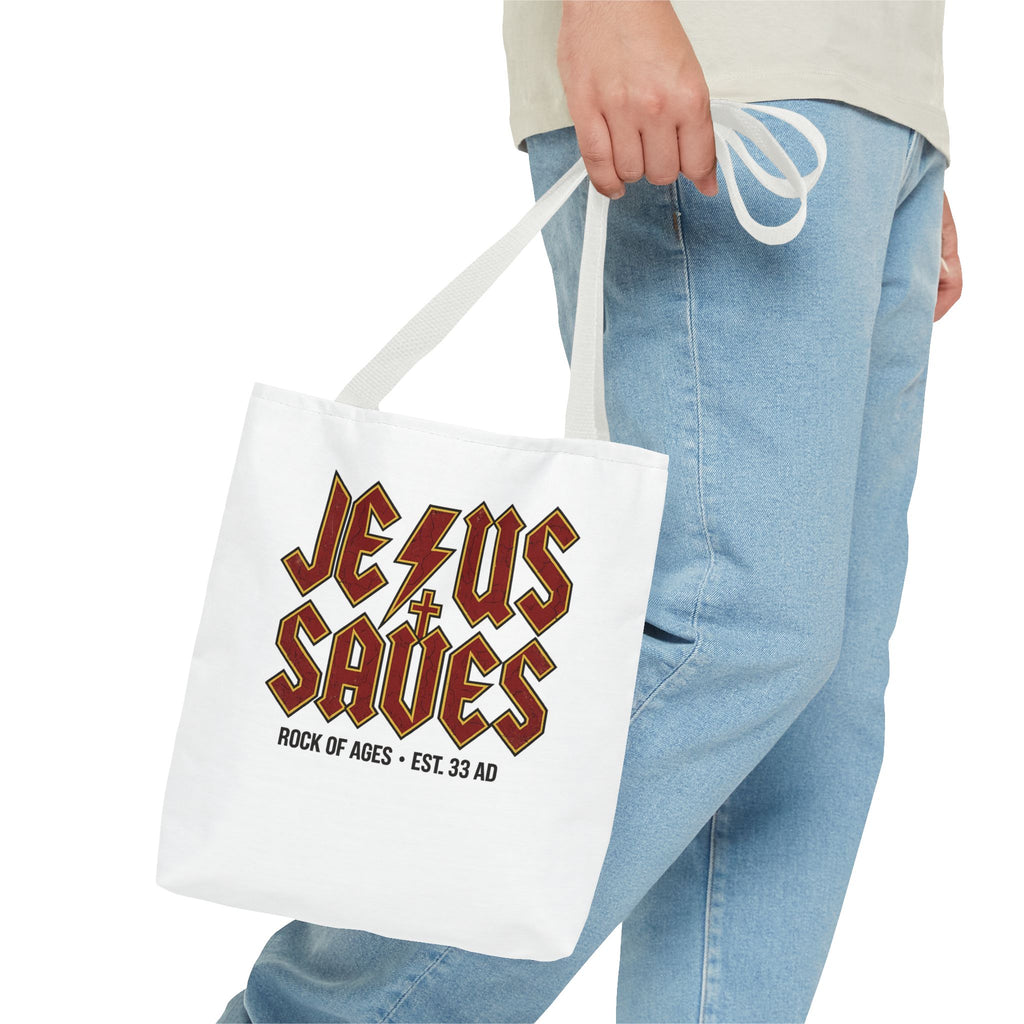 Jesus Saves Tote Bag — Rock of Ages Vintage Christian Tote