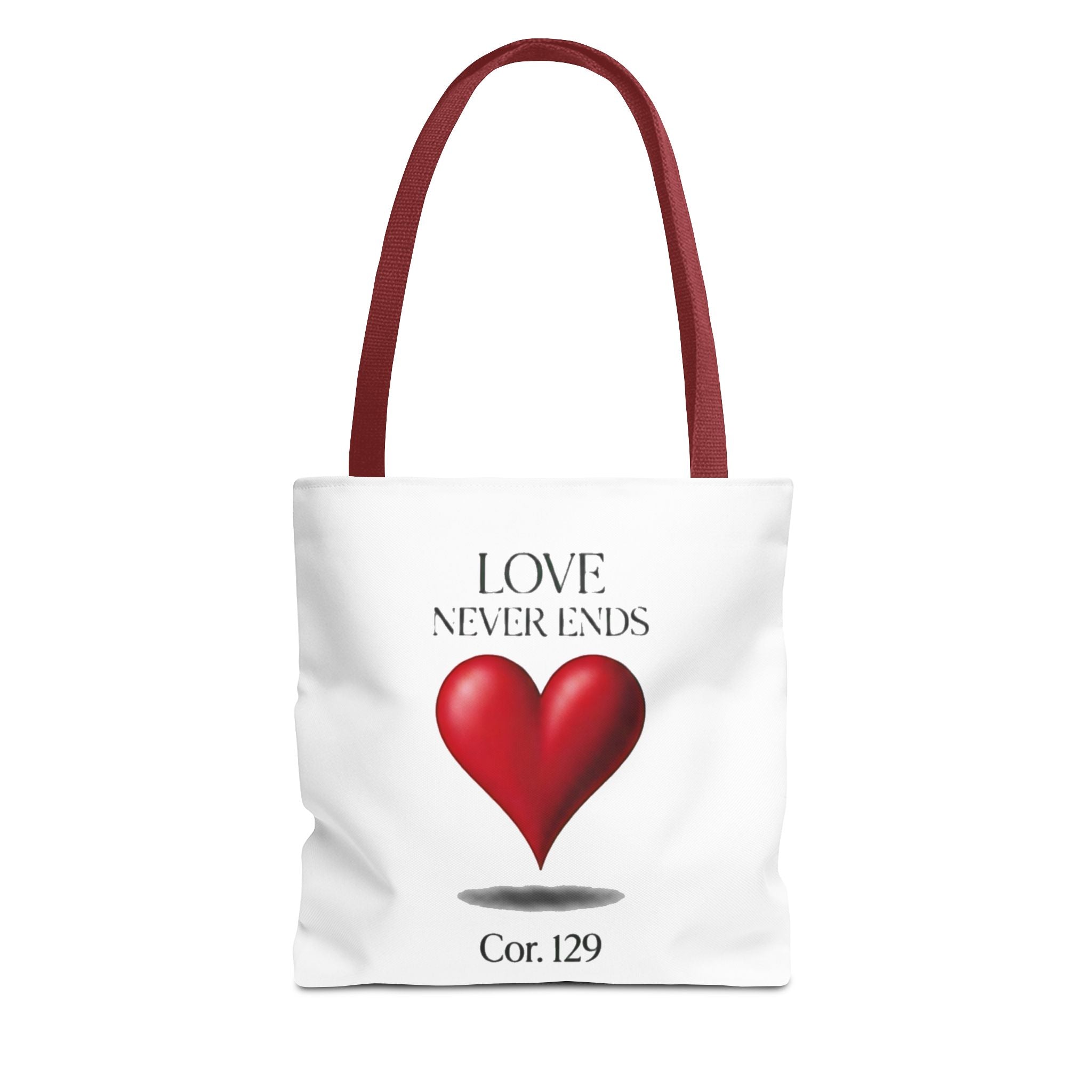 Tote Bag — “Love Never Ends” Heart Tote (Cor. 1:29)