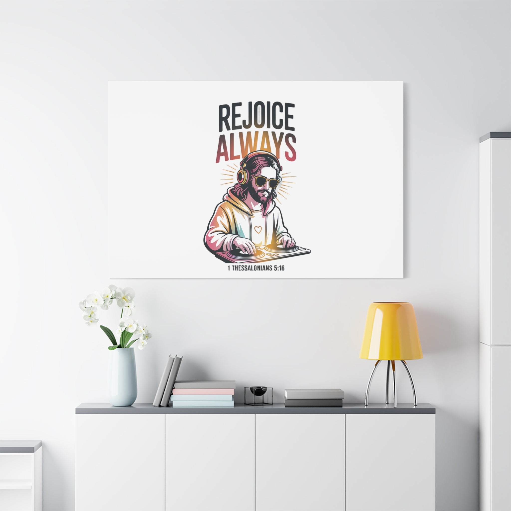 Rejoice Always Canvas Wall Art — Modern Jesus Illustration (1 Thessalonians 5:16)