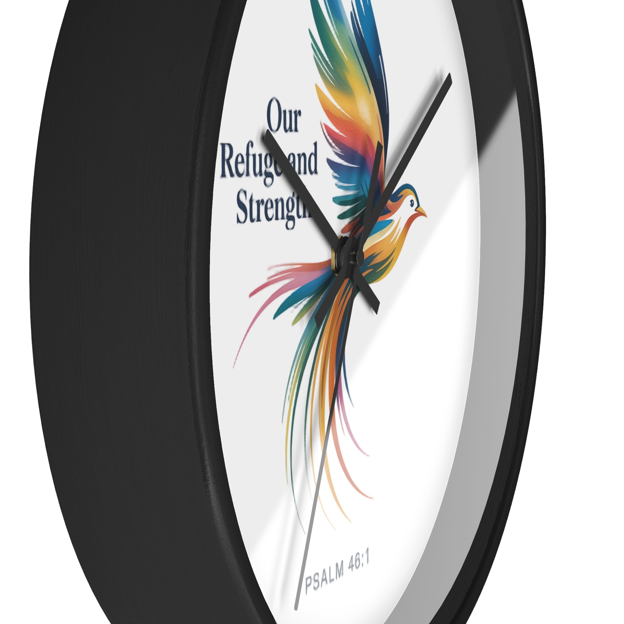 Wall Clock — 'Our Refuge and Strength' Colorful Dove Psalm 46:1 Christian Wall Clock
