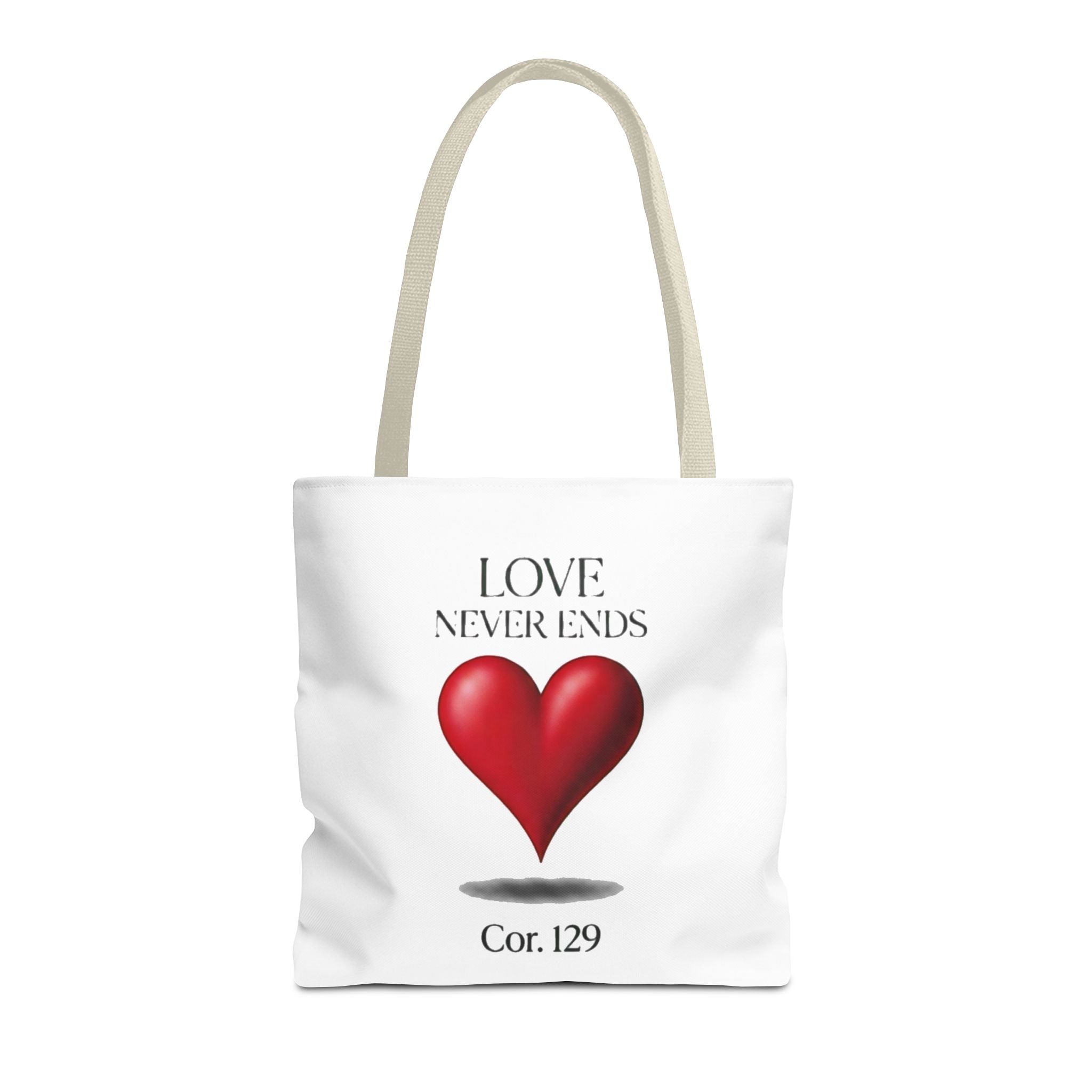 Tote Bag — “Love Never Ends” Heart Tote (Cor. 1:29)