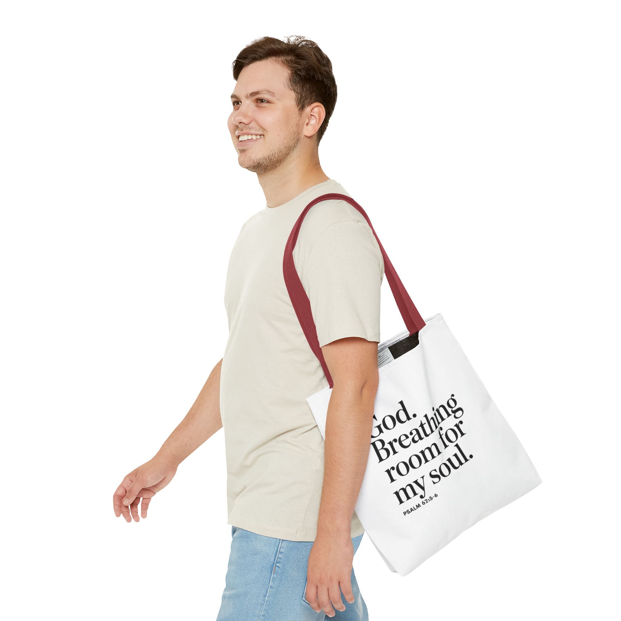 Christian Quote Tote Bag — "God. Breathing room for my soul." Psalm 62:6 Inspirational Canvas Tote