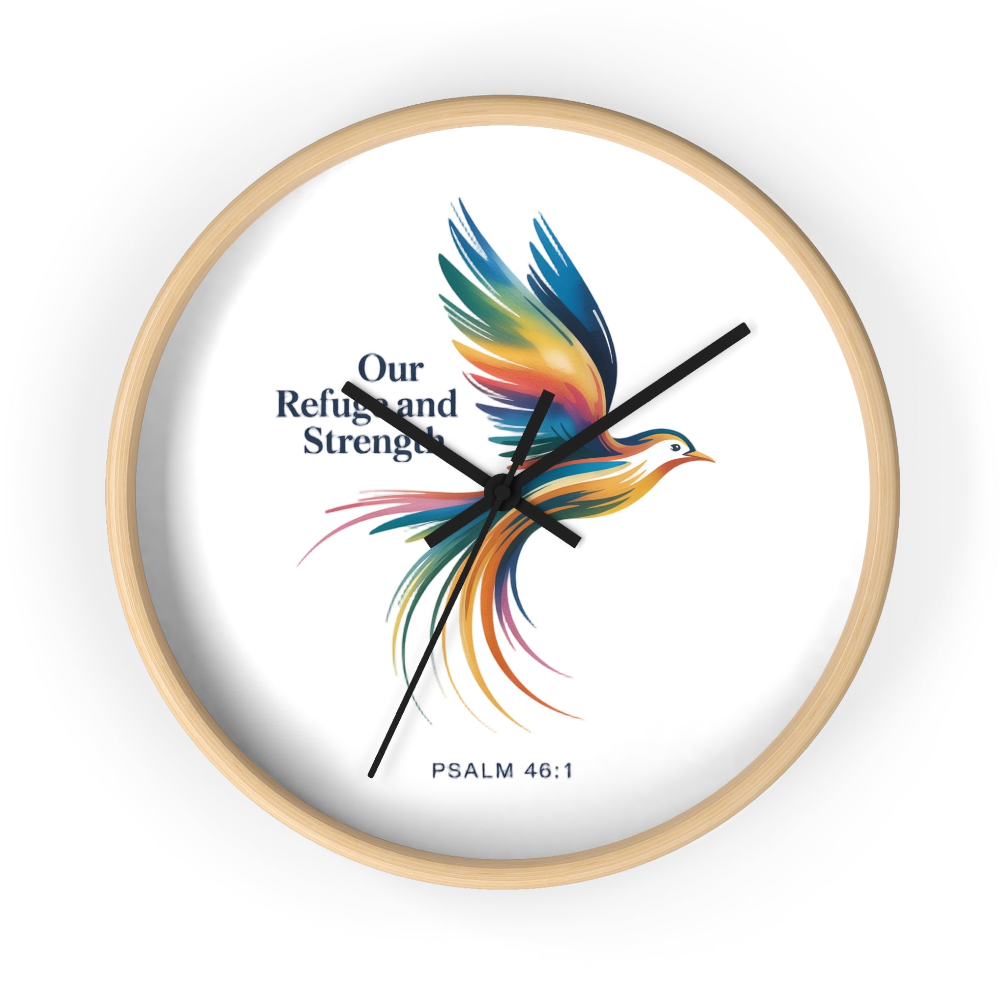 Wall Clock — 'Our Refuge and Strength' Colorful Dove Psalm 46:1 Christian Wall Clock
