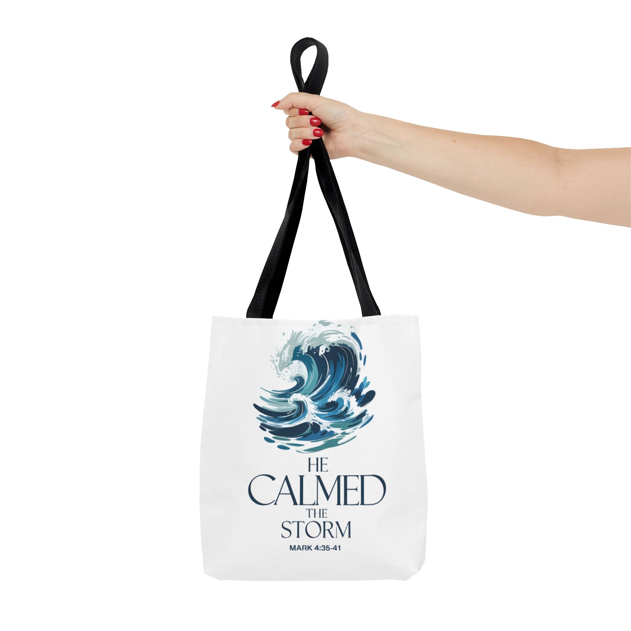 Calmed the Storm Tote Bag — Inspirational Bible Verse Mark 4:39-41 Canvas Tote