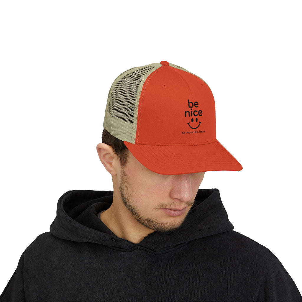 Be Nice Smiley Snapback Trucker Cap — Positive Message Mesh Hat