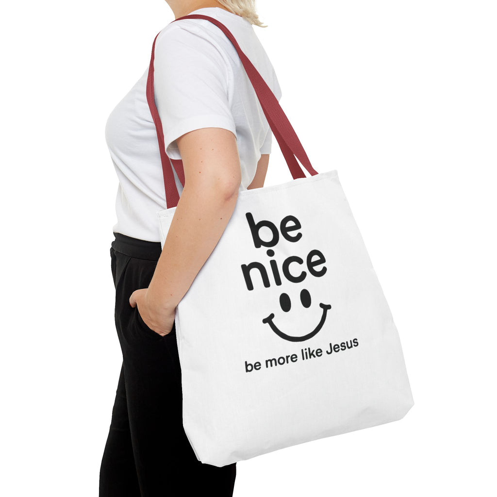 Be Nice Smiley Tote Bag — "be more like Jesus" Inspirational Canvas Tote