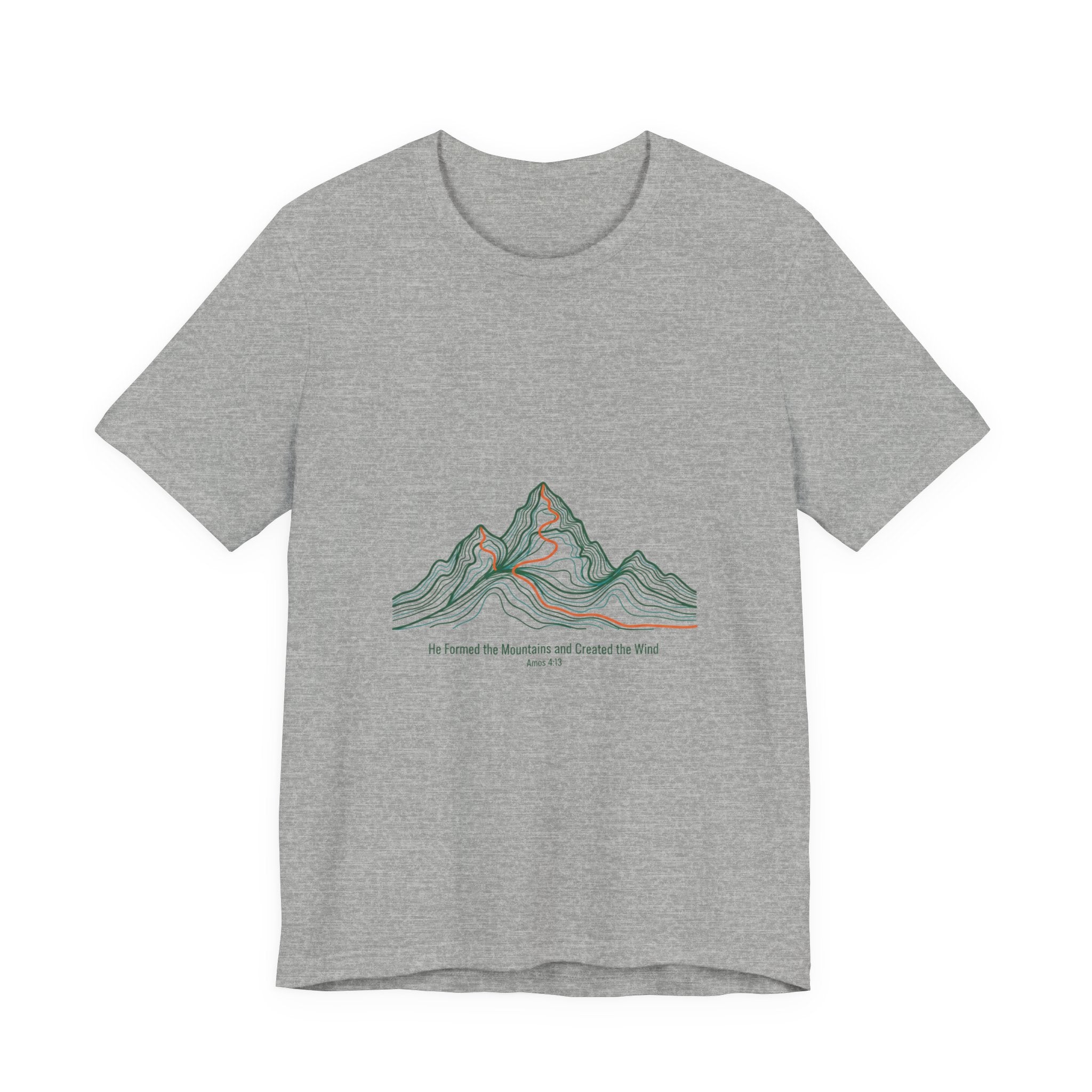 He Formed the Mountains Tee — Topographic Mountain Bible Verse T-Shirt