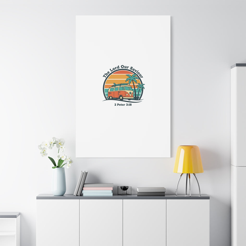 The Lord our Saviour, Retro Surf Sunset Canvas | 70s Van Palm Postcard, Analog Sunshine Aesthetic