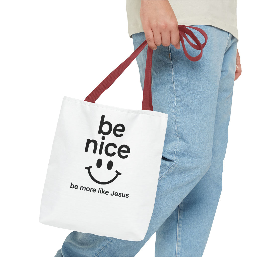 Be Nice Smiley Tote Bag — "be more like Jesus" Inspirational Canvas Tote