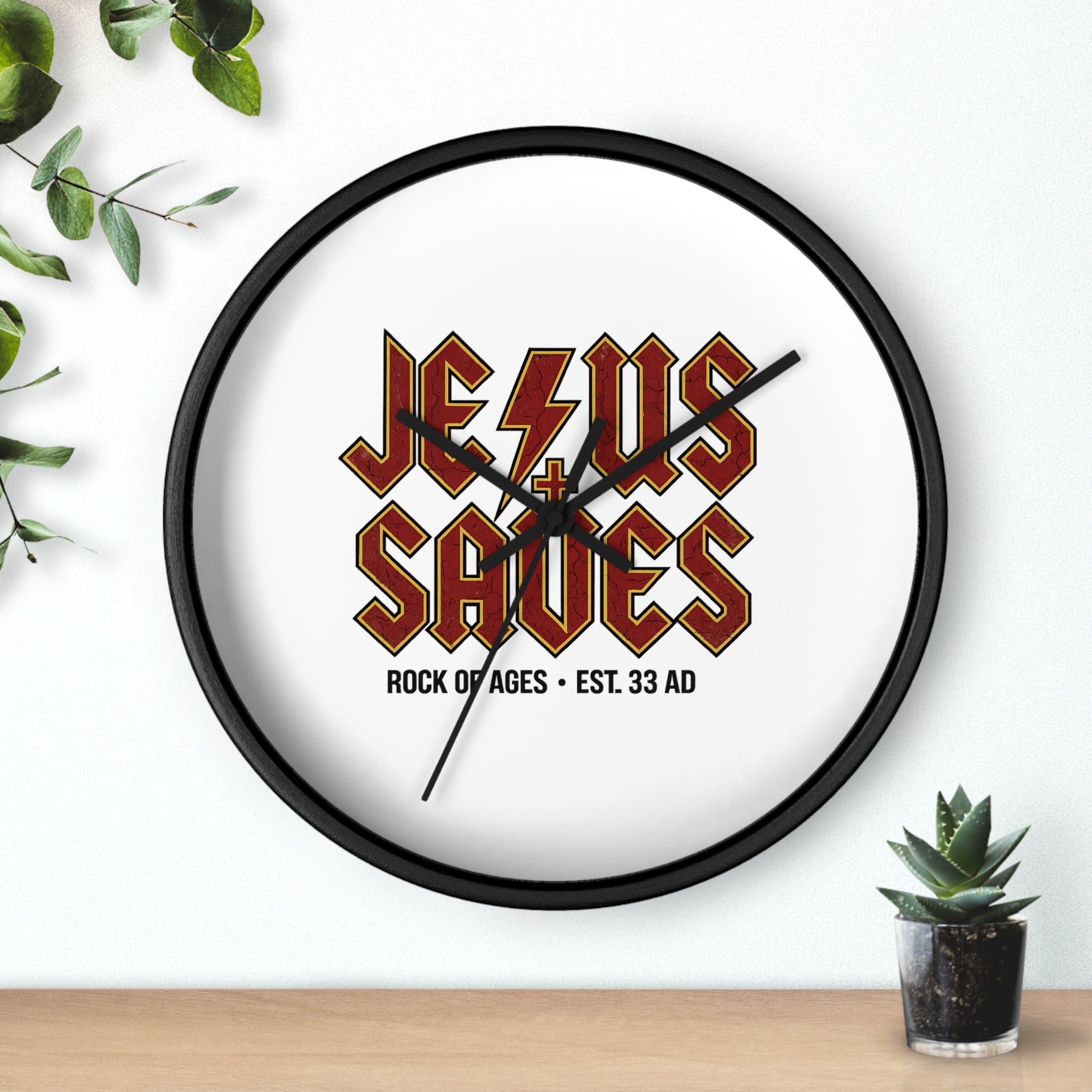 Jesus Saves Wall Clock — Rock of Ages Retro Christian Decor (Est. 33 AD)
