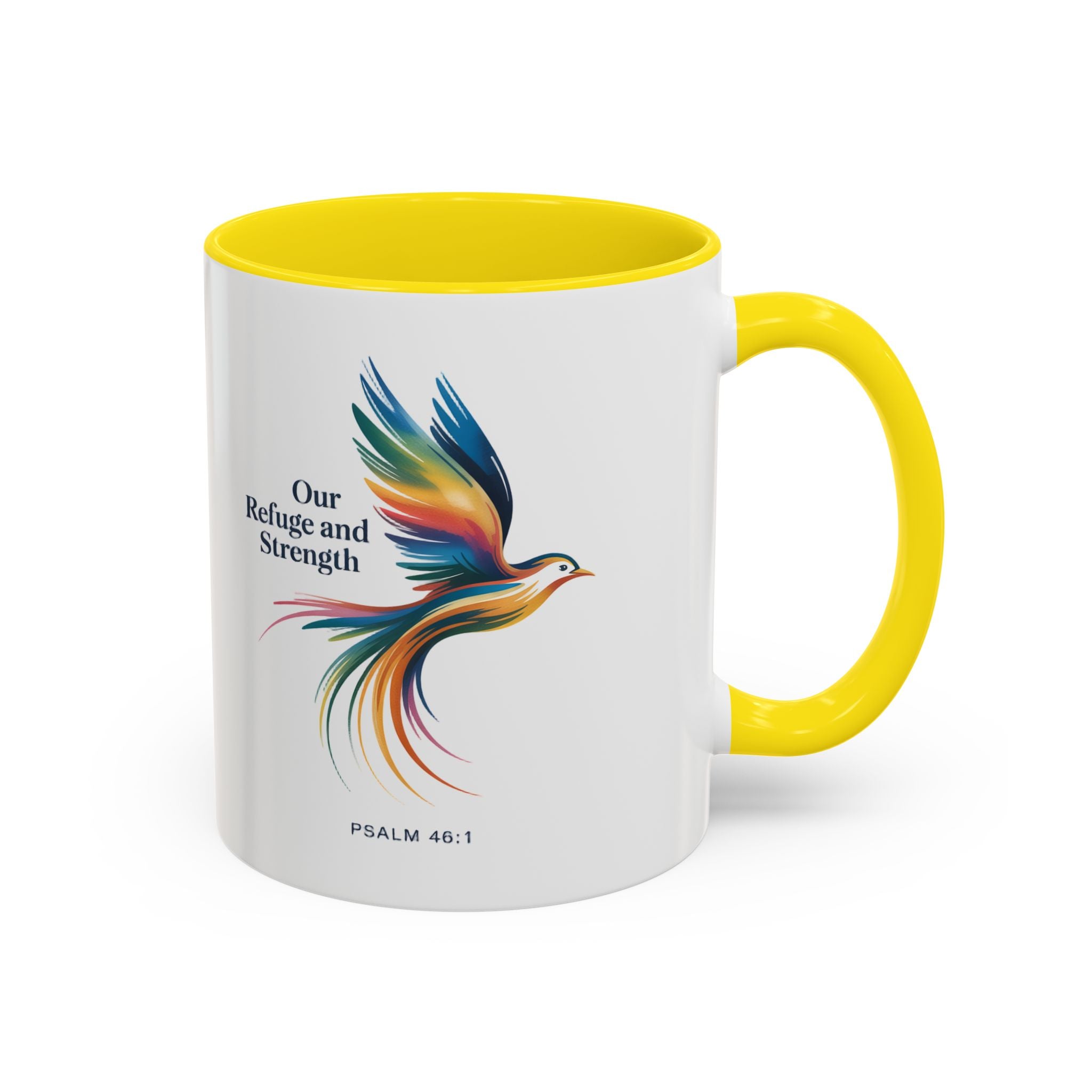 Our Refuge and Strength Accent Coffee Mug — Colorful Bird Psalm Design (11/15 oz)