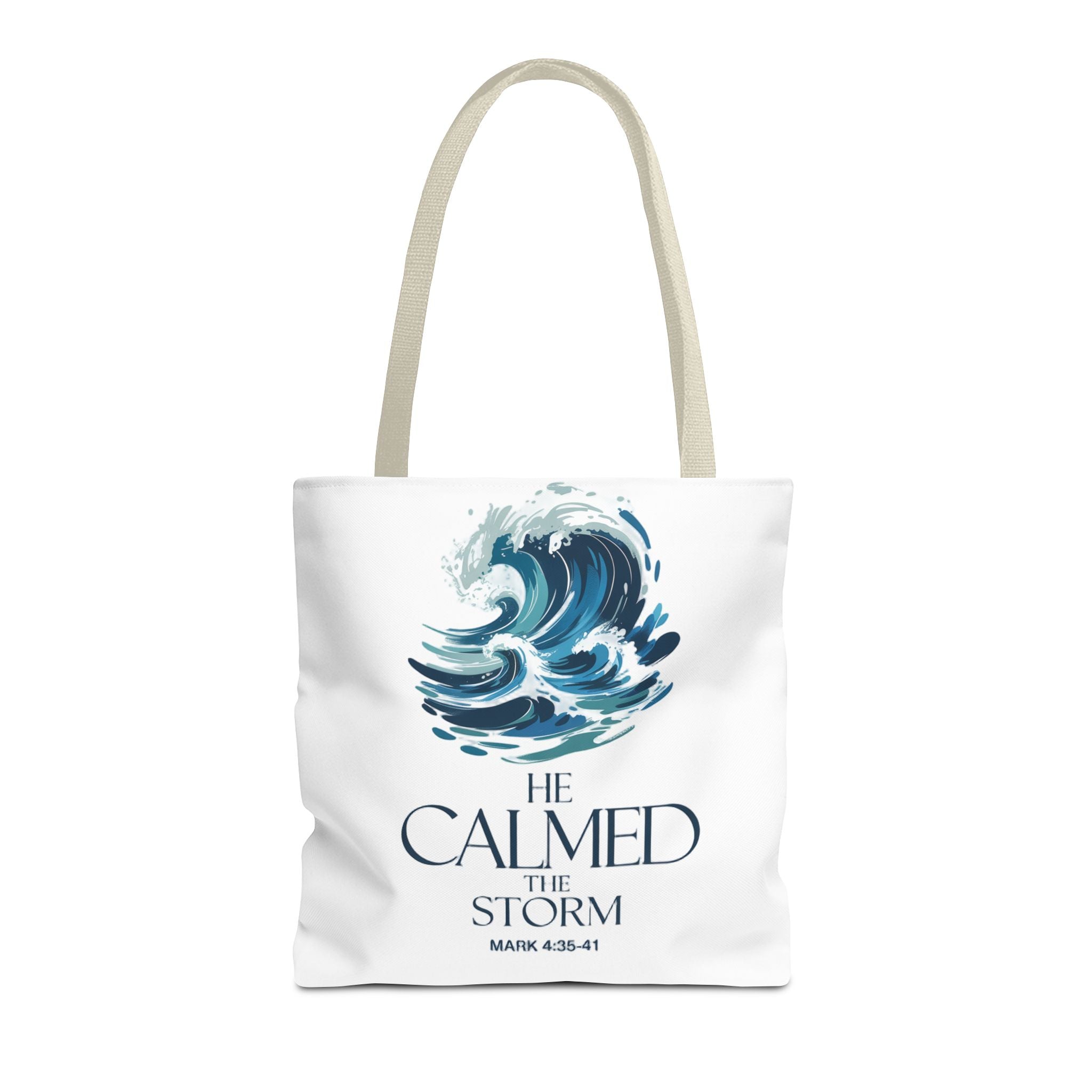 Calmed the Storm Tote Bag — Inspirational Bible Verse Mark 4:39-41 Canvas Tote