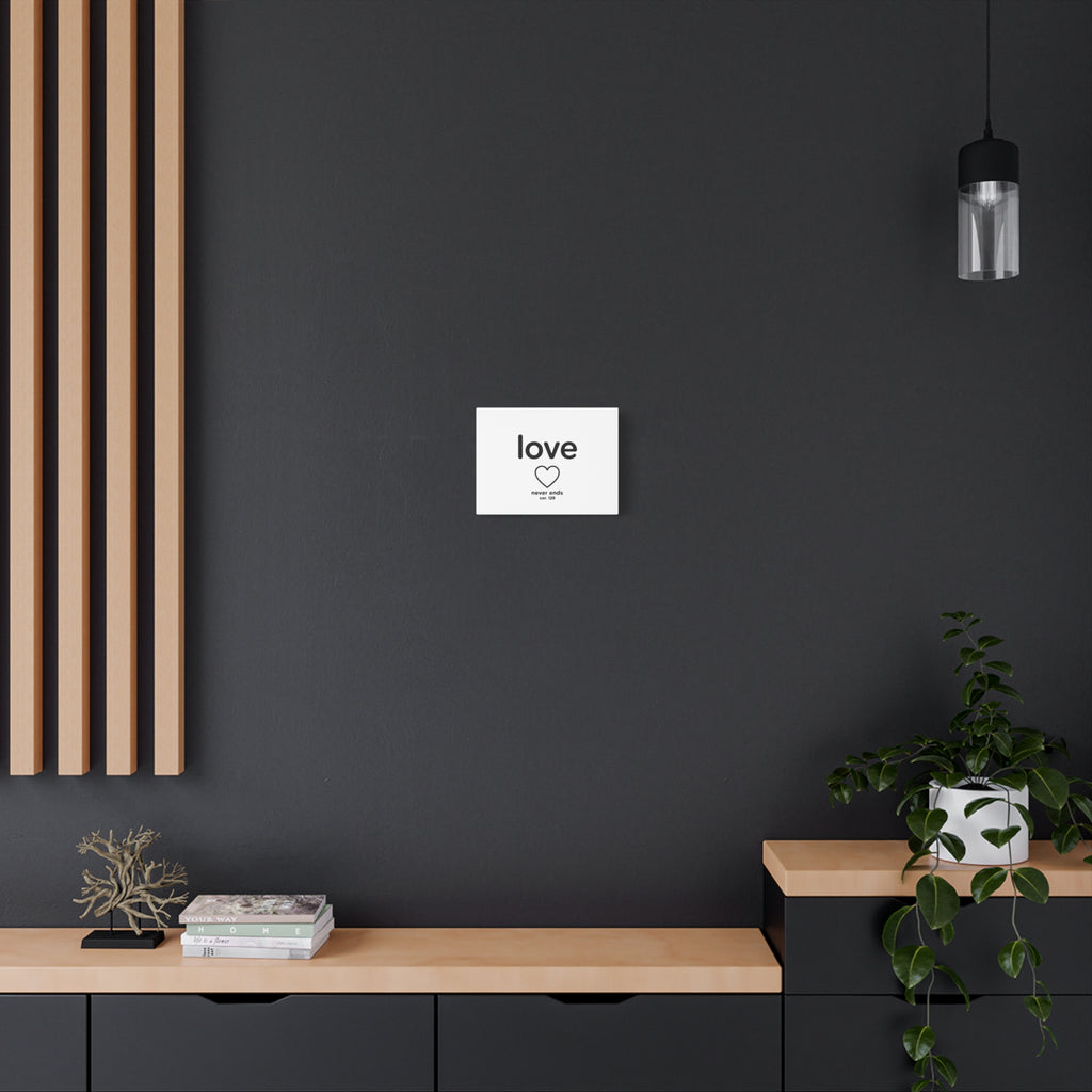 Canvas Wall Art — "love" Heart with "never ends cor. 129" Minimalist Print