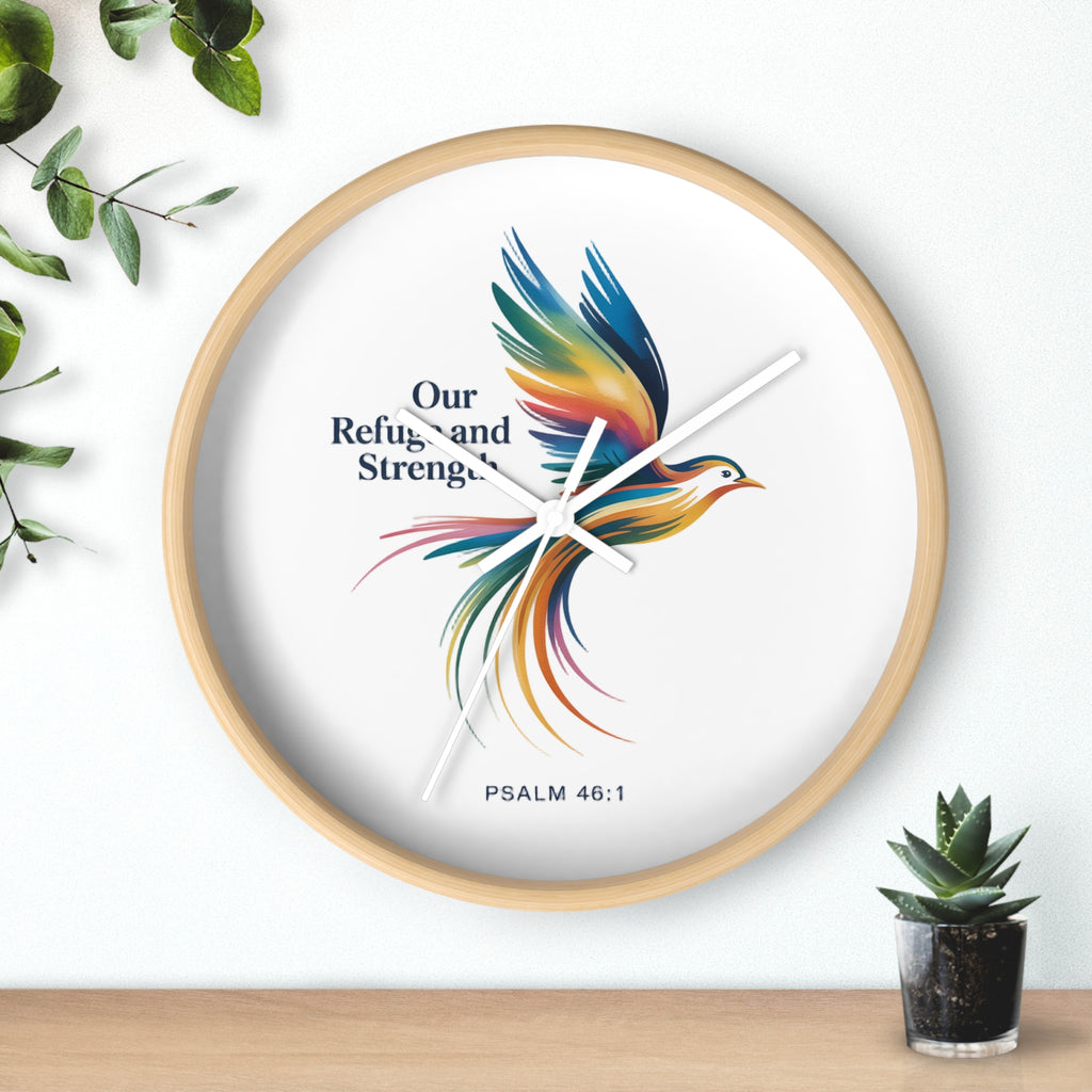 Wall Clock — 'Our Refuge and Strength' Colorful Dove Psalm 46:1 Christian Wall Clock