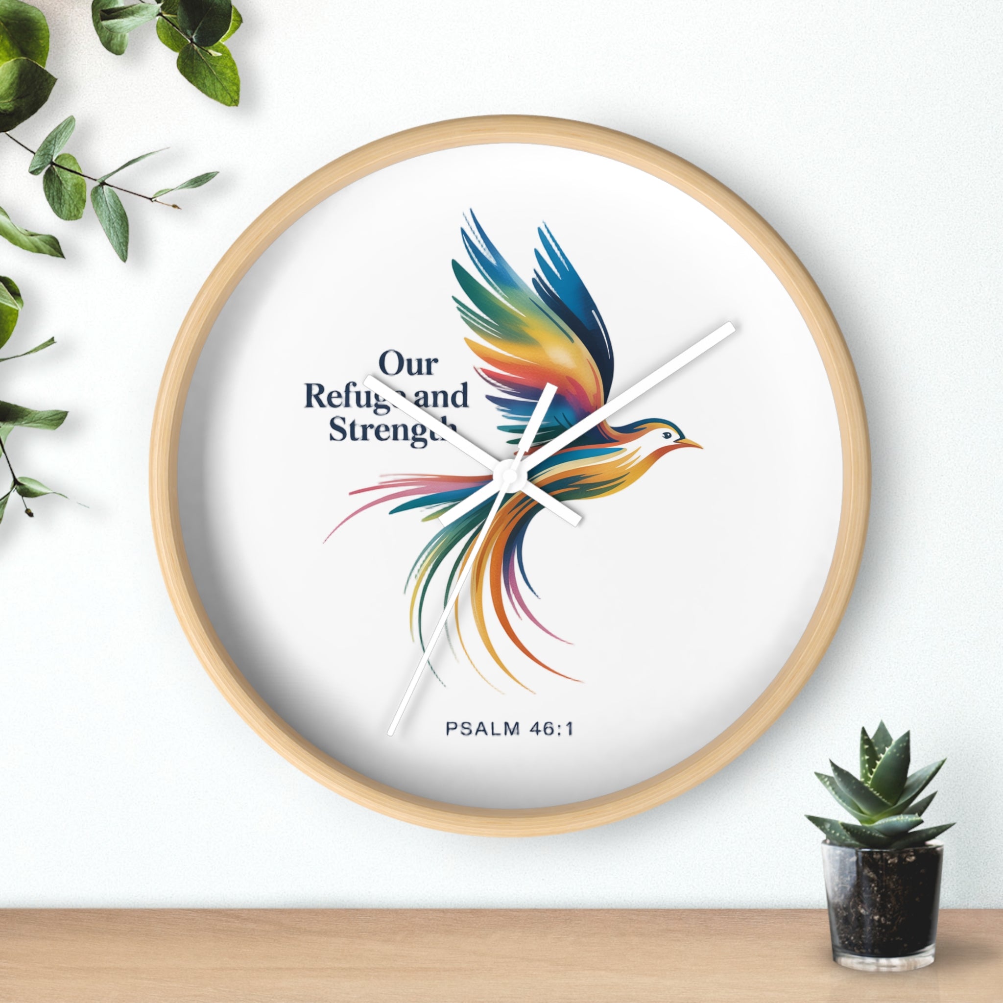 Wall Clock — 'Our Refuge and Strength' Colorful Dove Psalm 46:1 Christian Wall Clock