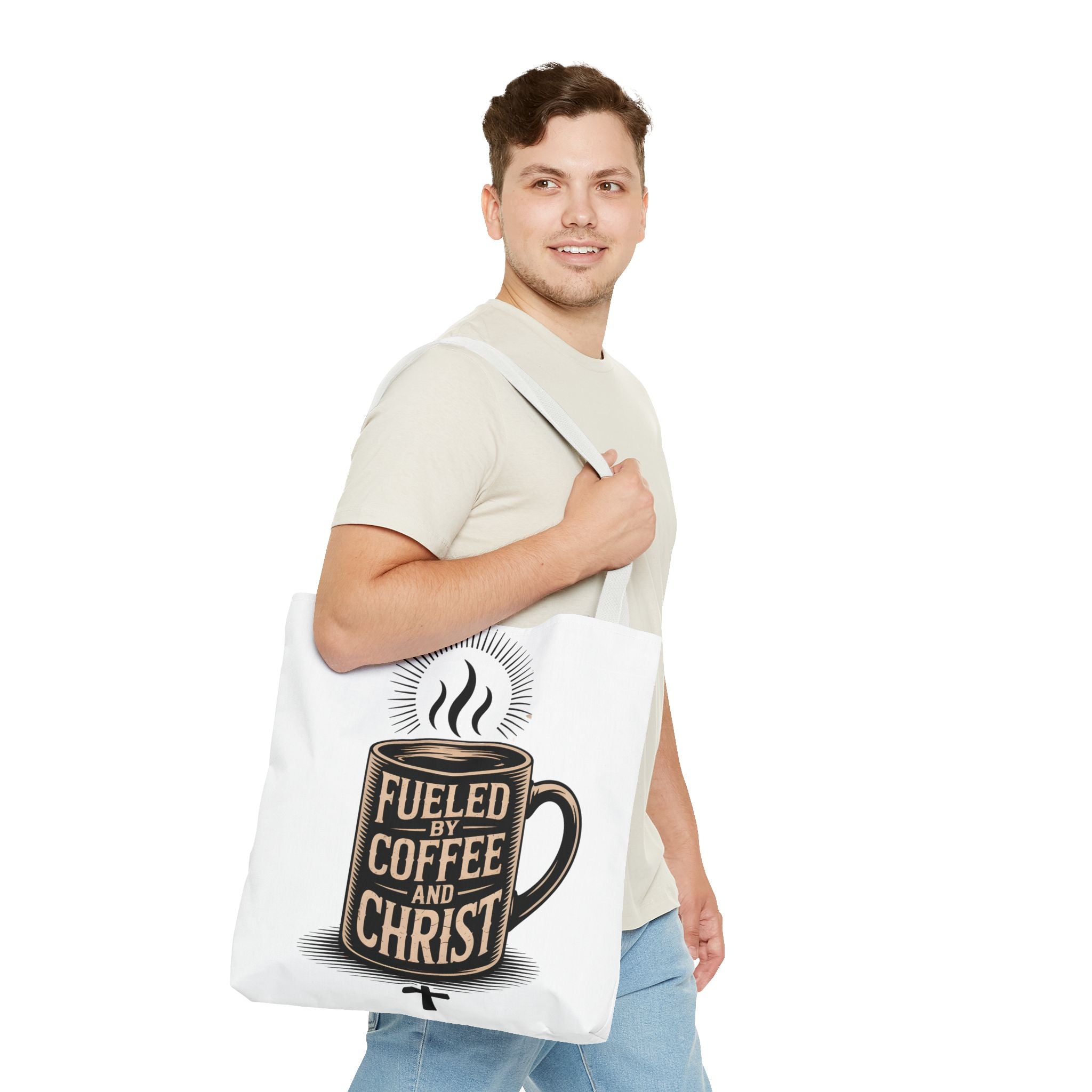 Christian Coffee Tote Bag - "Fueled by Coffee and Christ" Canvas Grocery & Church Bag