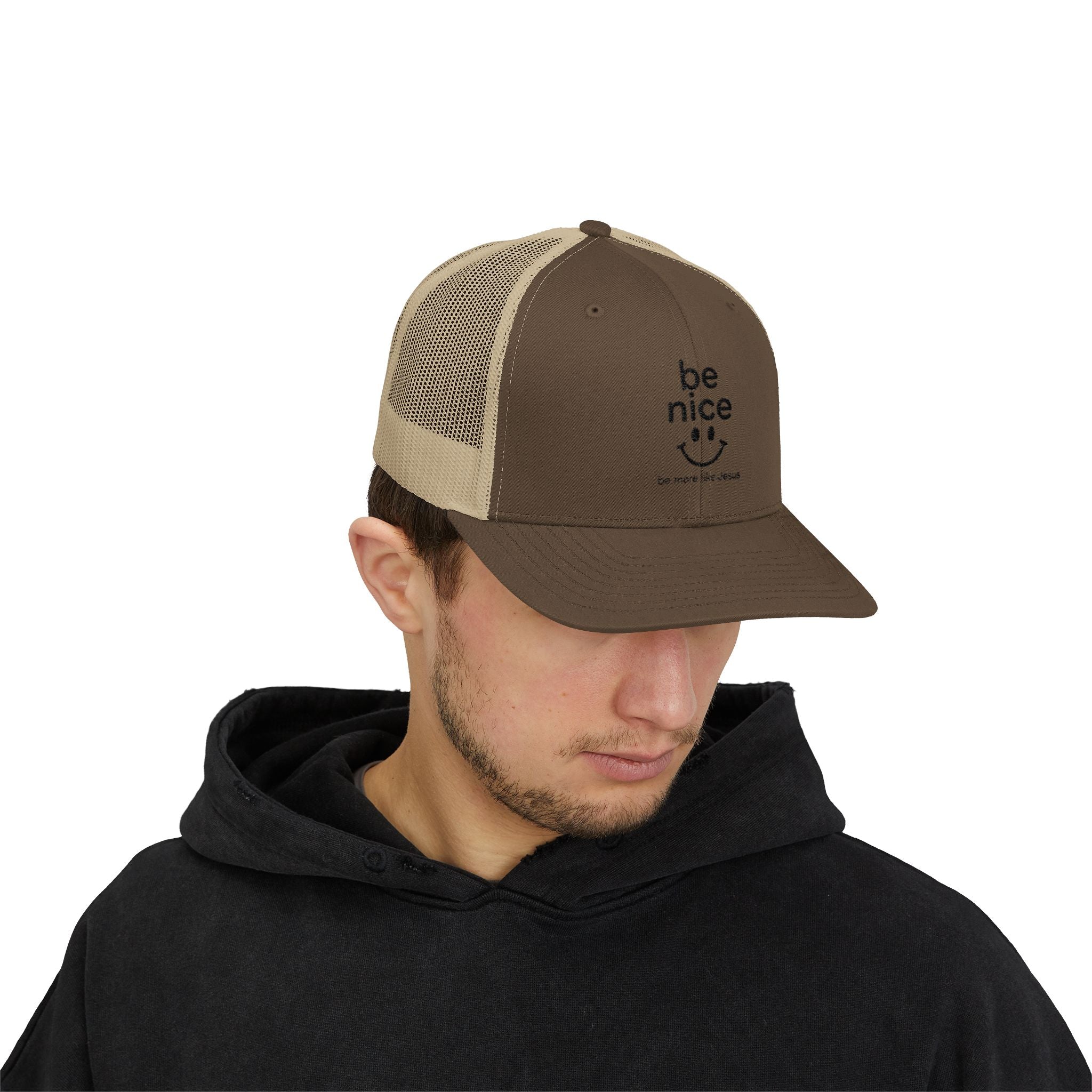 Be Nice Smiley Snapback Trucker Cap — Positive Message Mesh Hat