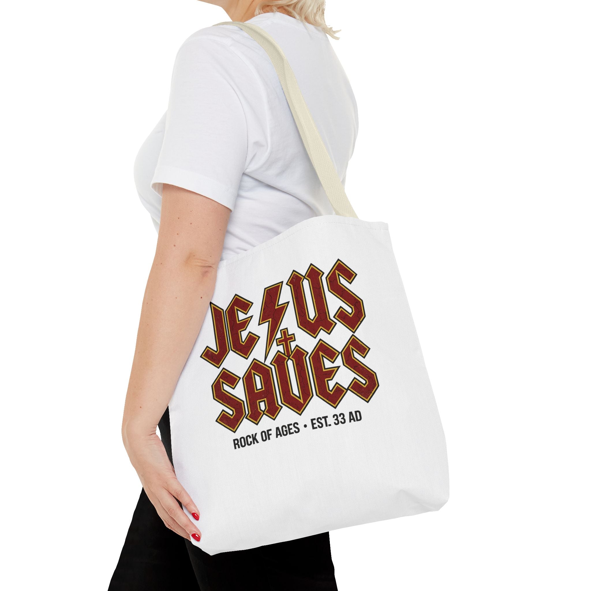 Jesus Saves Tote Bag — Rock of Ages Vintage Christian Tote