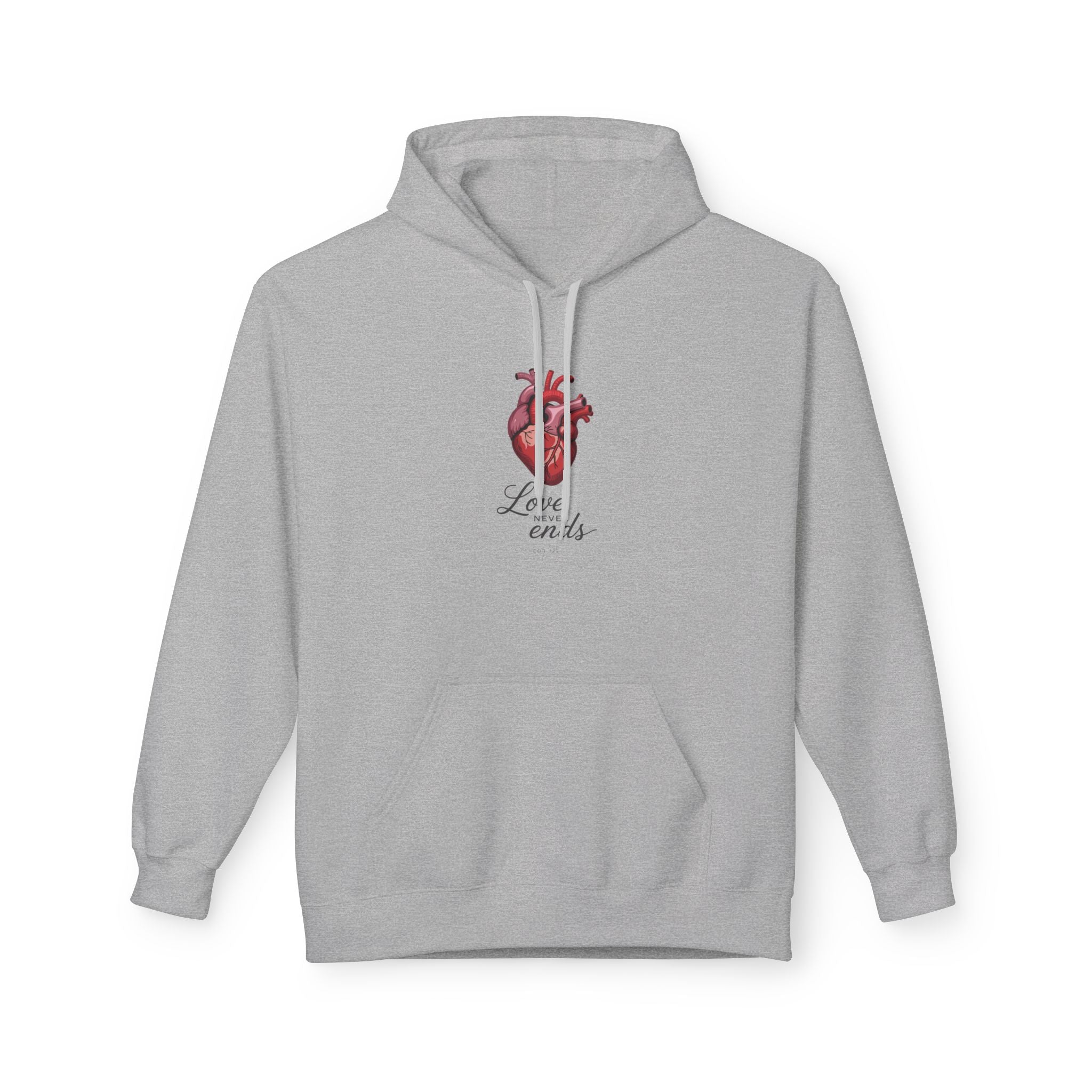 Love Never Ends Hoodie — Realistic Heart Christian Sweatshirt