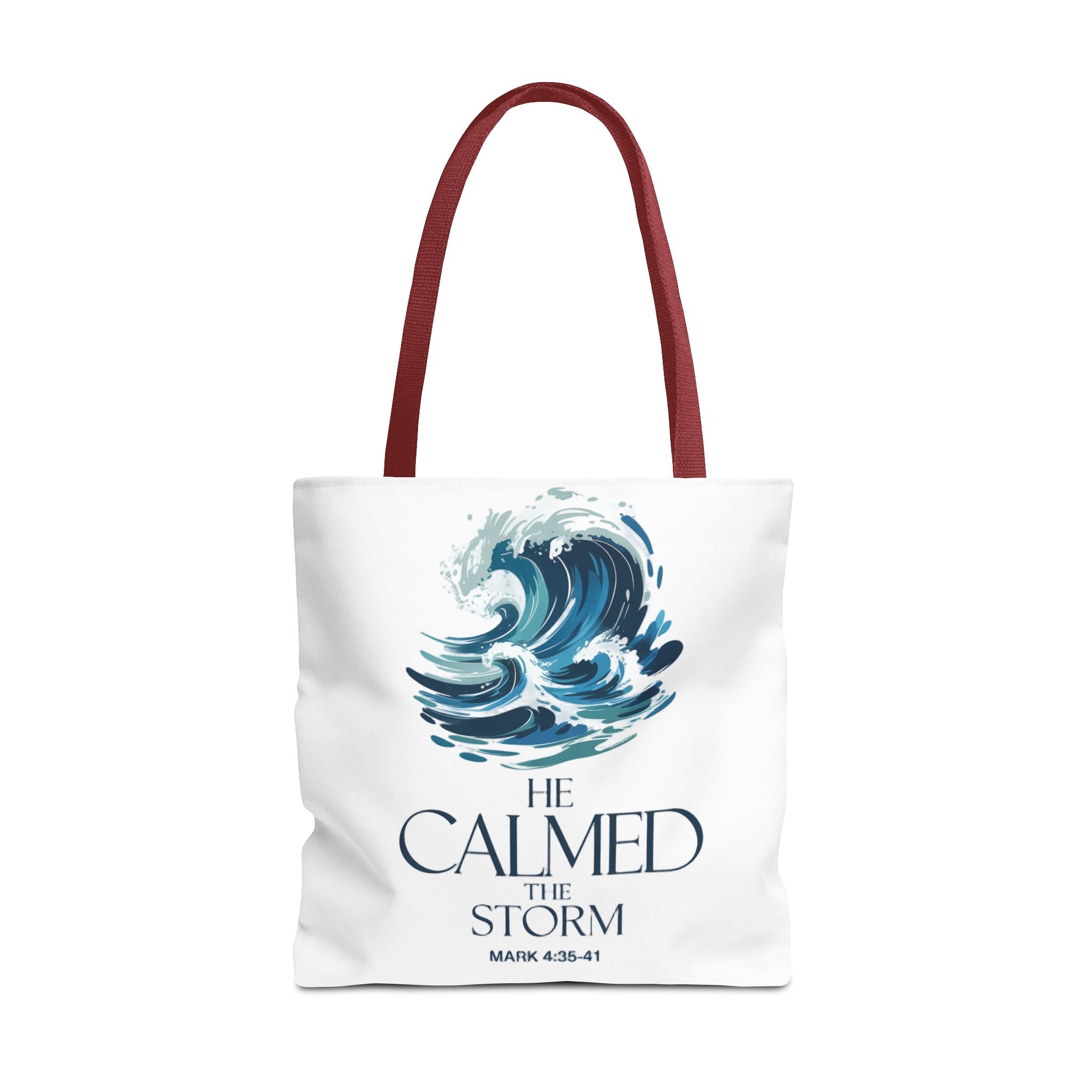 Calmed the Storm Tote Bag — Inspirational Bible Verse Mark 4:39-41 Canvas Tote