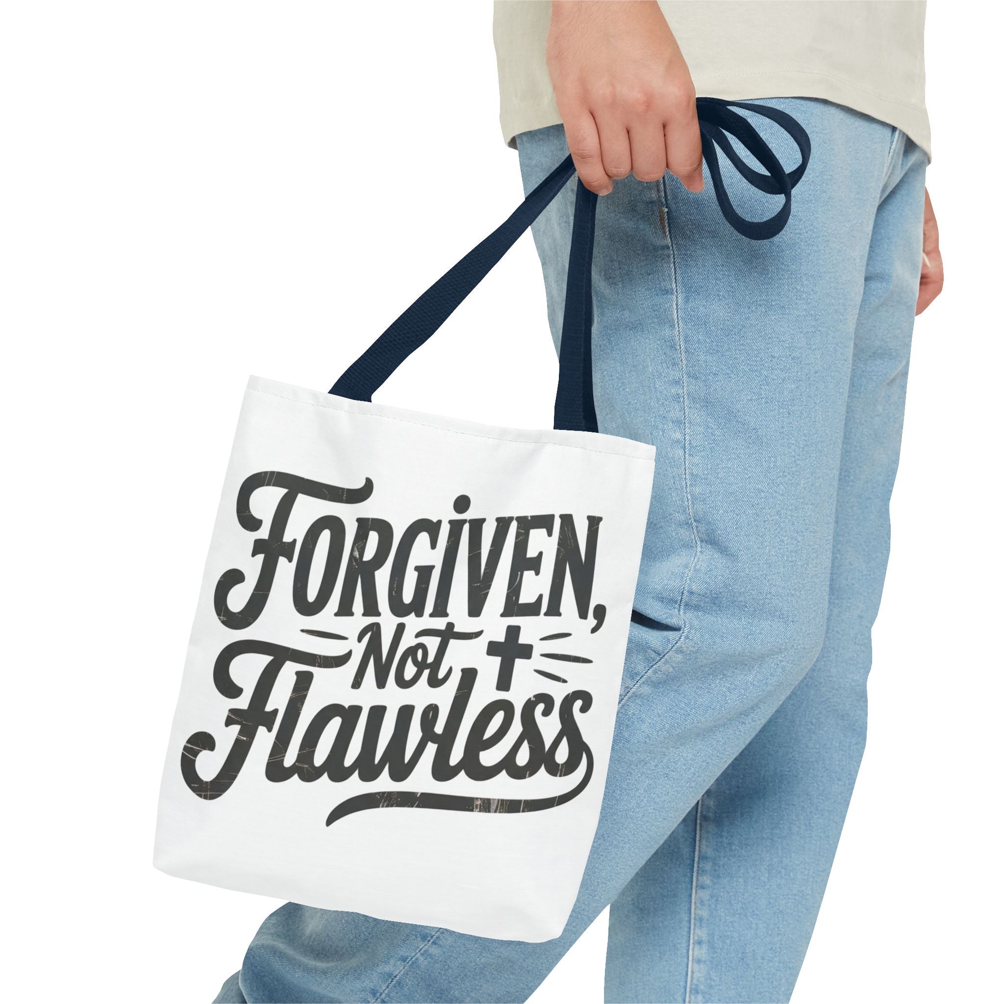 Forgiven Not Flawless Christian Tote Bag — Inspirational Scripture Quote Tote