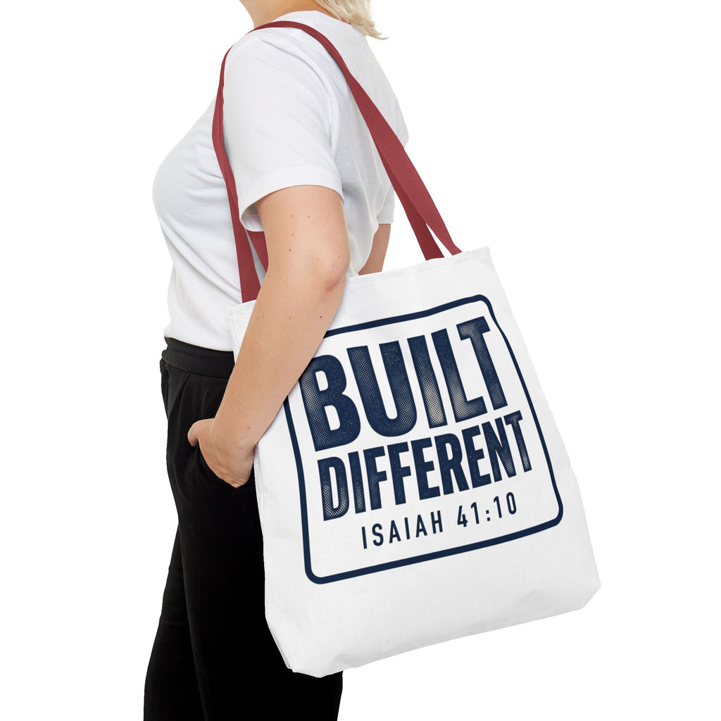 Built Different Tote Bag — Isaiah 41:10 Inspirational Canvas Tote