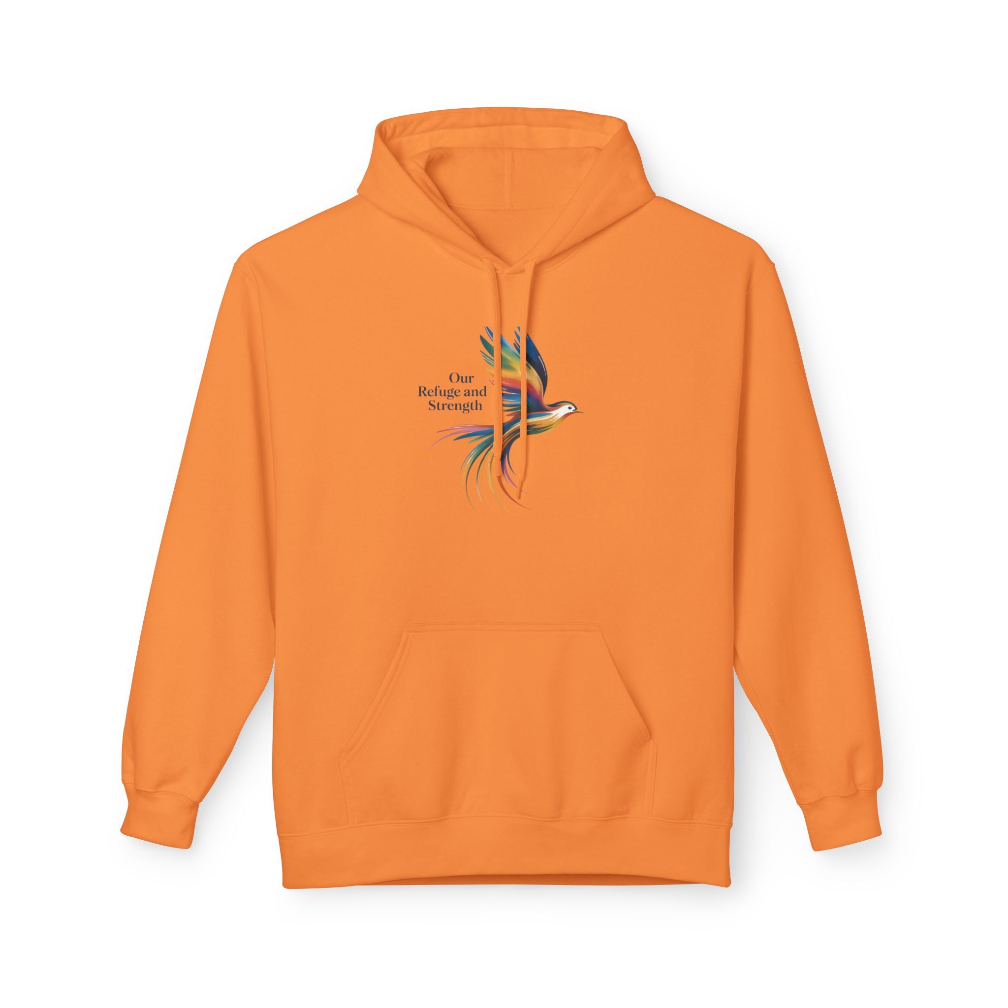Freedom Sparrow Hoodie — Colorful Bird “One Refuge One Strength” Chest Print