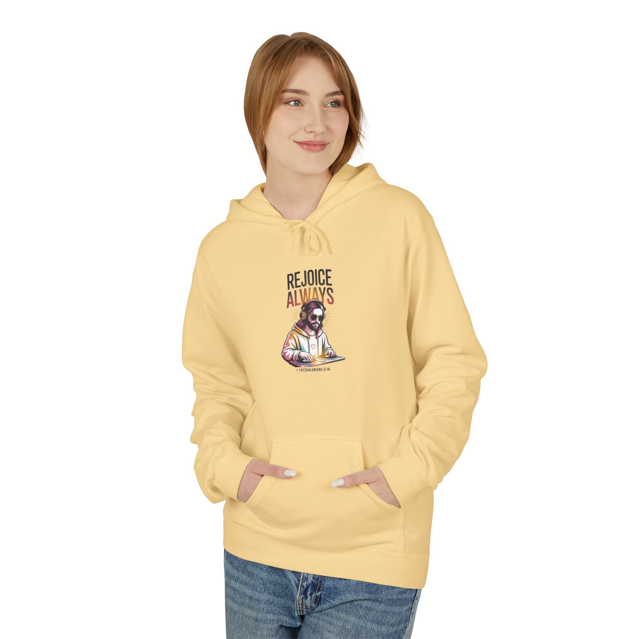 Christian Hoodie — "Rejoice Always" Modern Day Jesus Graphic Pullover