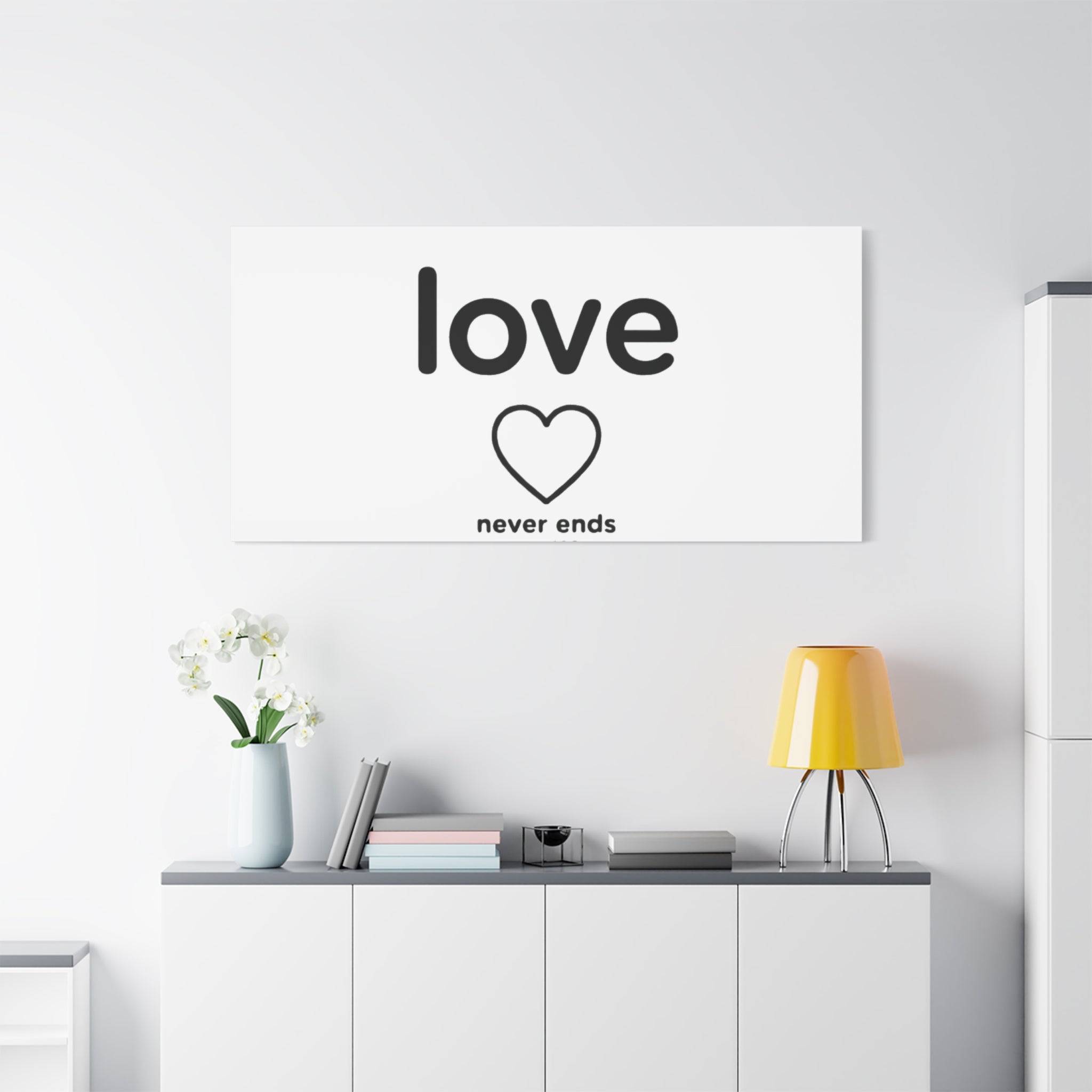 Canvas Wall Art — "love" Heart with "never ends cor. 129" Minimalist Print