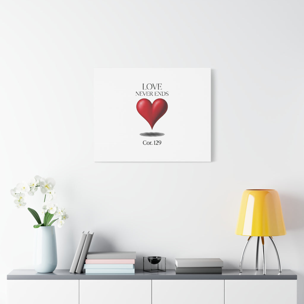 Love Never Ends Canvas Wall Art — Red Heart "Cor. 1:29" Matte Stretched Canvas