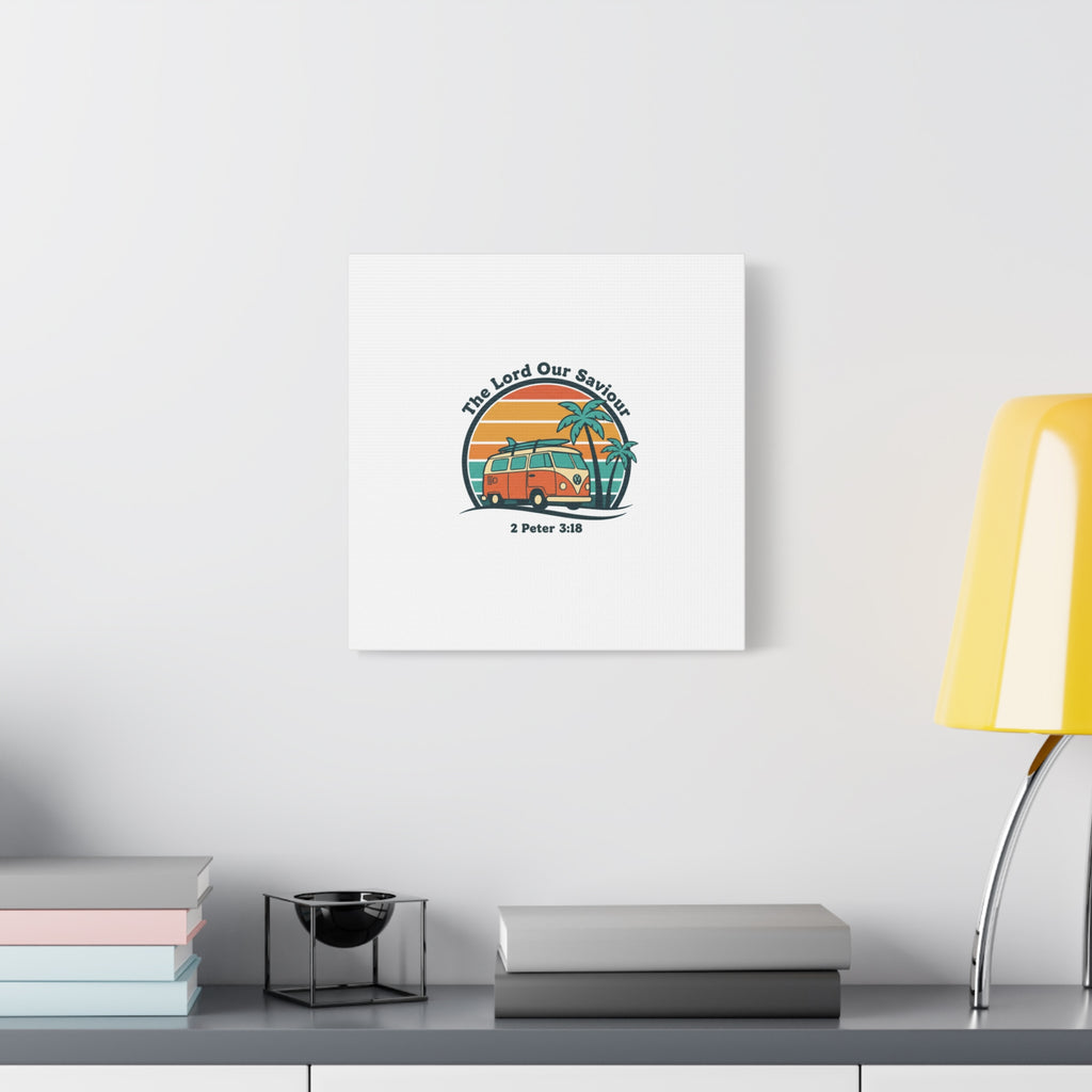 The Lord our Saviour, Retro Surf Sunset Canvas | 70s Van Palm Postcard, Analog Sunshine Aesthetic