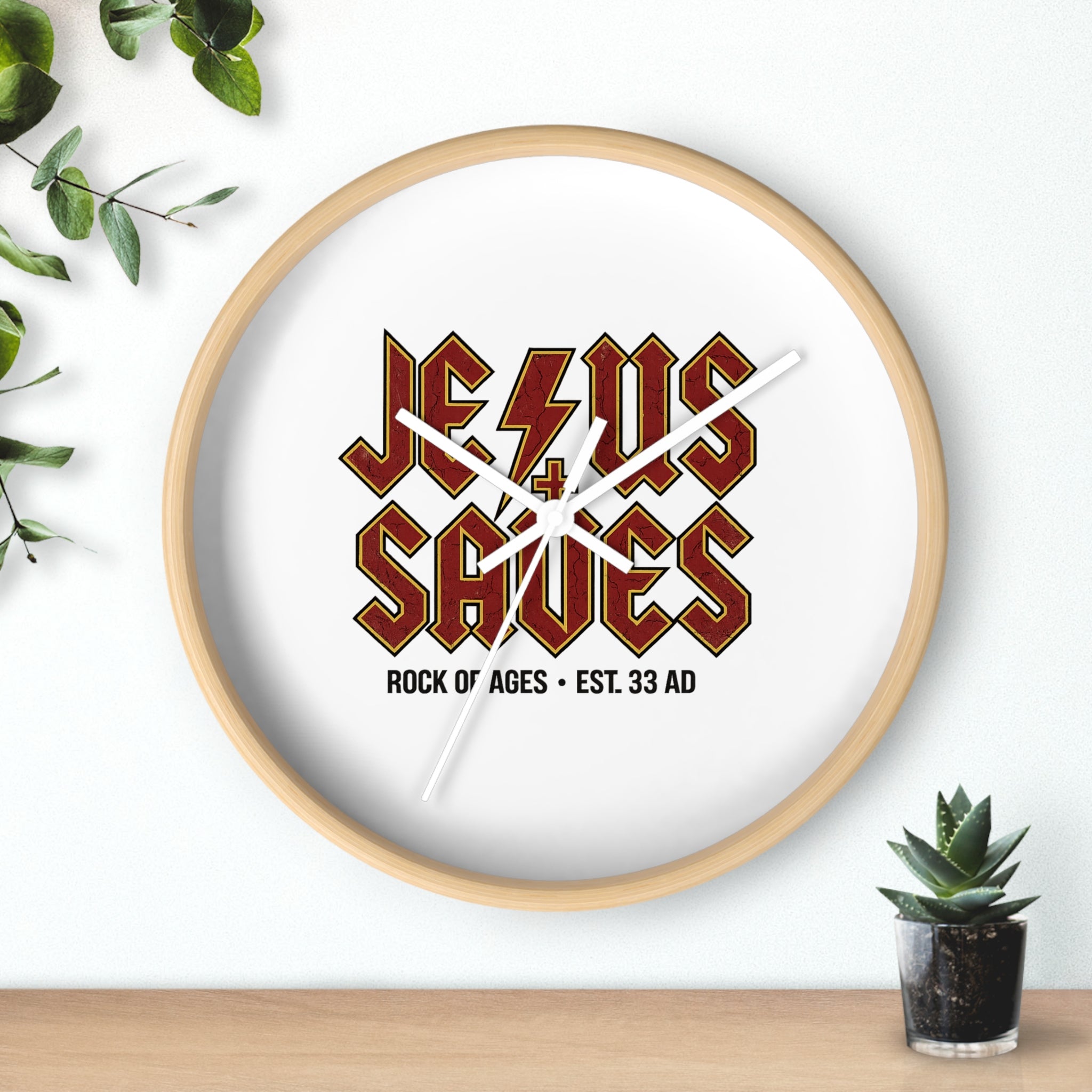 Jesus Saves Wall Clock — Rock of Ages Retro Christian Decor (Est. 33 AD)