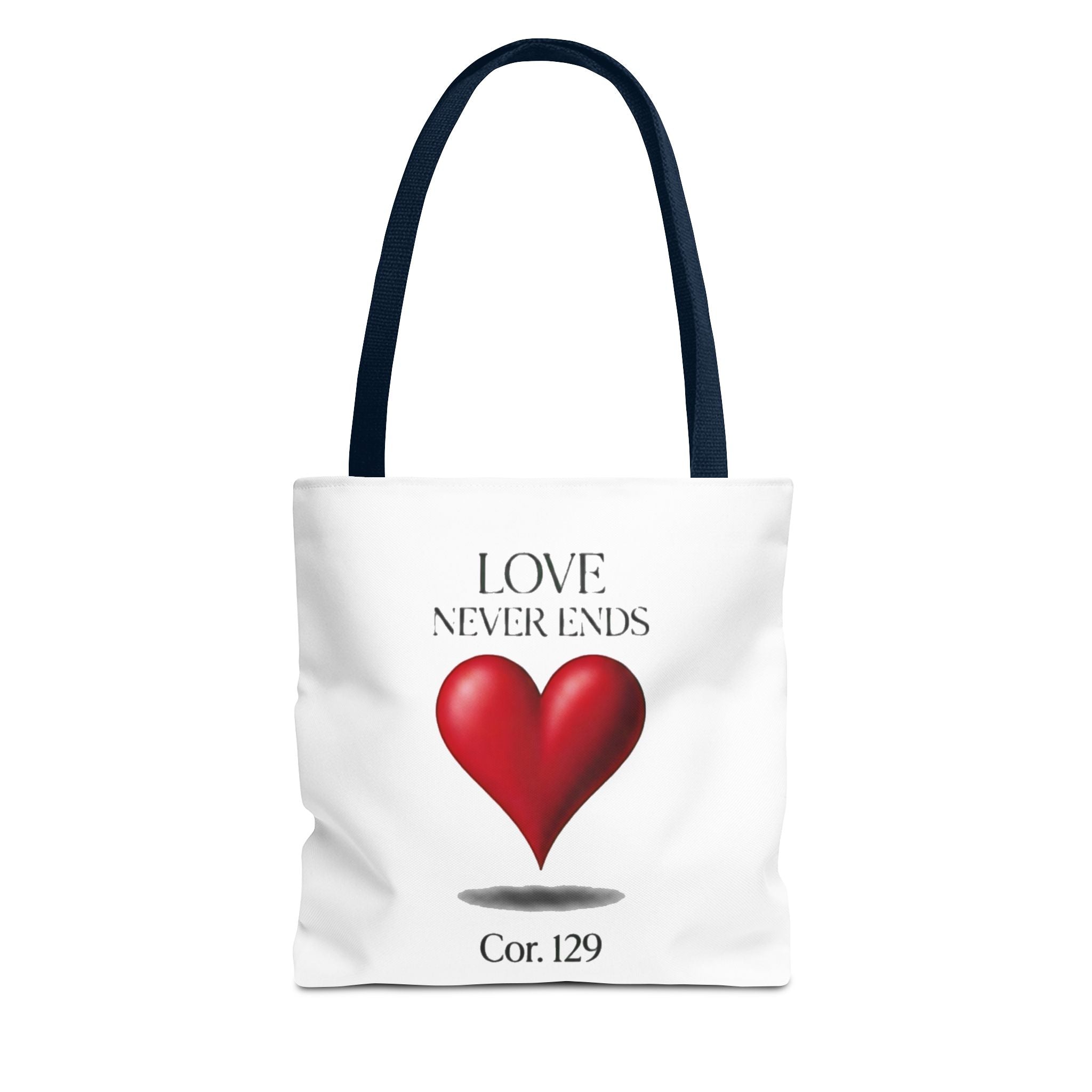 Tote Bag — “Love Never Ends” Heart Tote (Cor. 1:29)