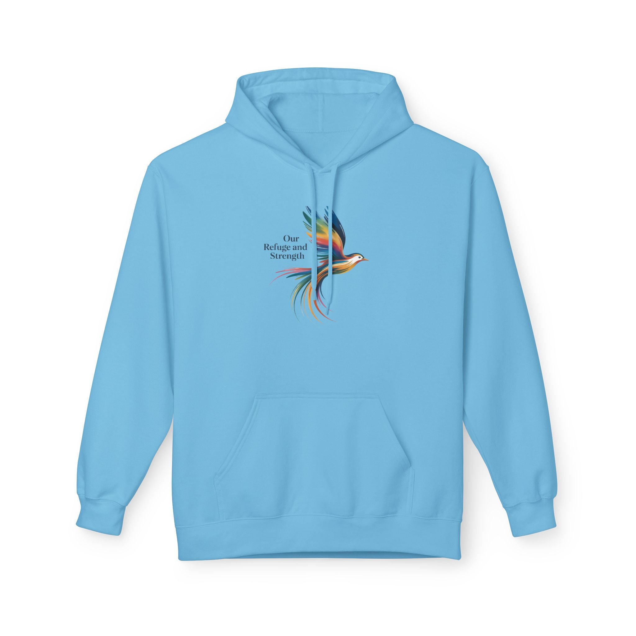 Freedom Sparrow Hoodie — Colorful Bird “One Refuge One Strength” Chest Print