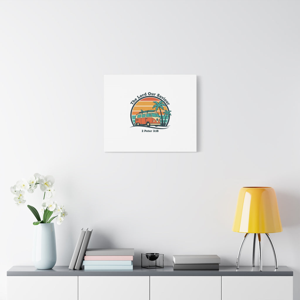 The Lord our Saviour, Retro Surf Sunset Canvas | 70s Van Palm Postcard, Analog Sunshine Aesthetic