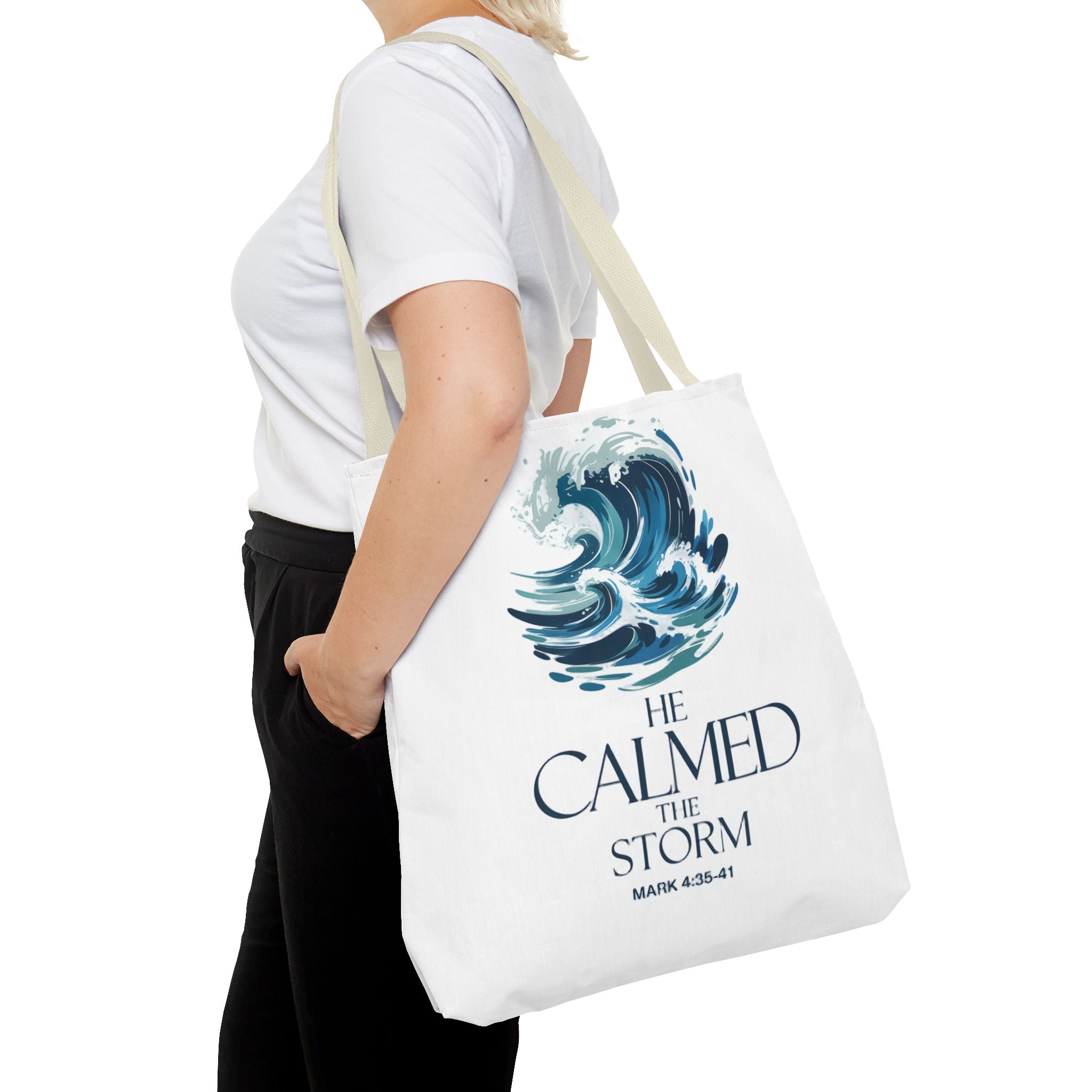 Calmed the Storm Tote Bag — Inspirational Bible Verse Mark 4:39-41 Canvas Tote