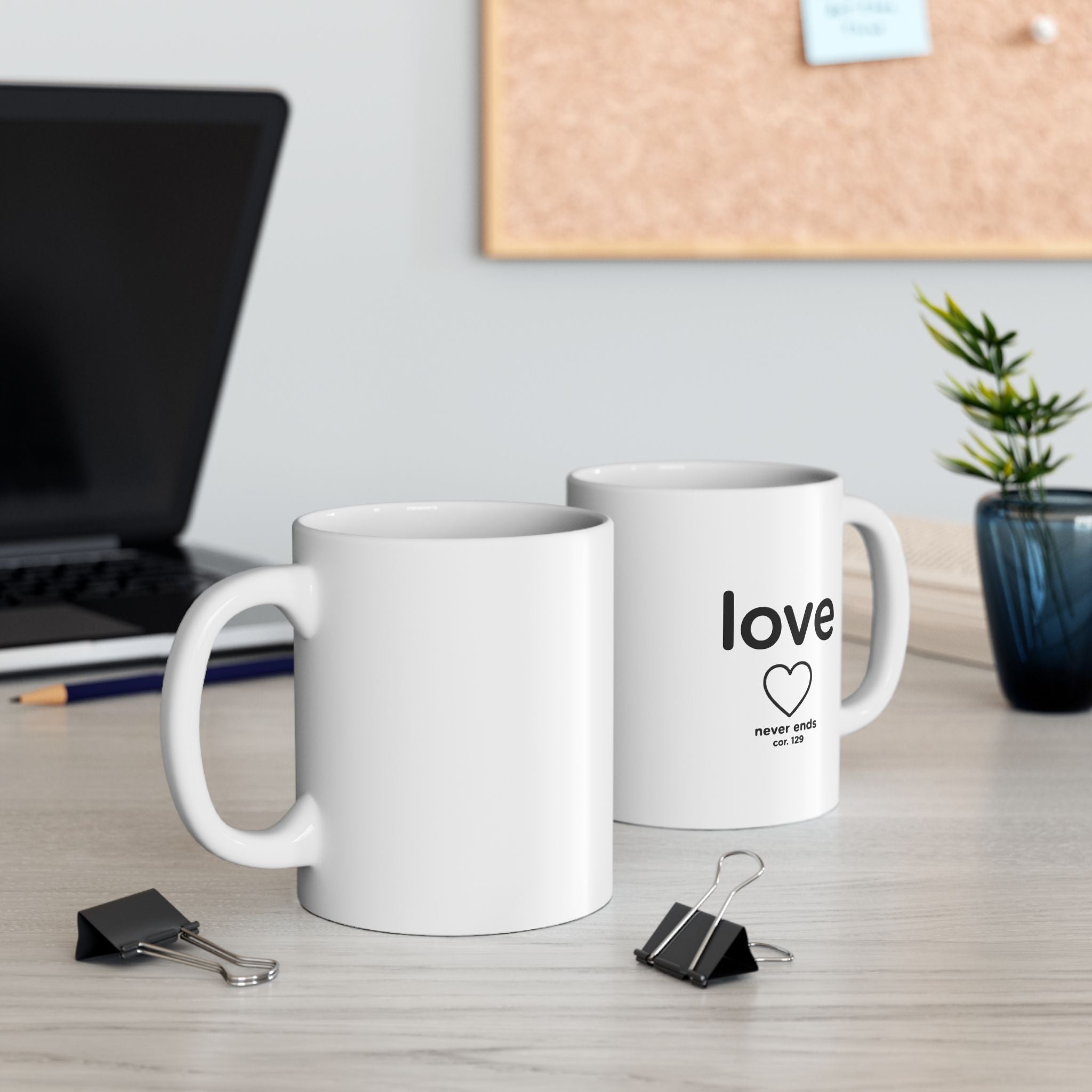 Love Never Ends Mug — Minimal Heart Ceramic Coffee Cup (11oz)