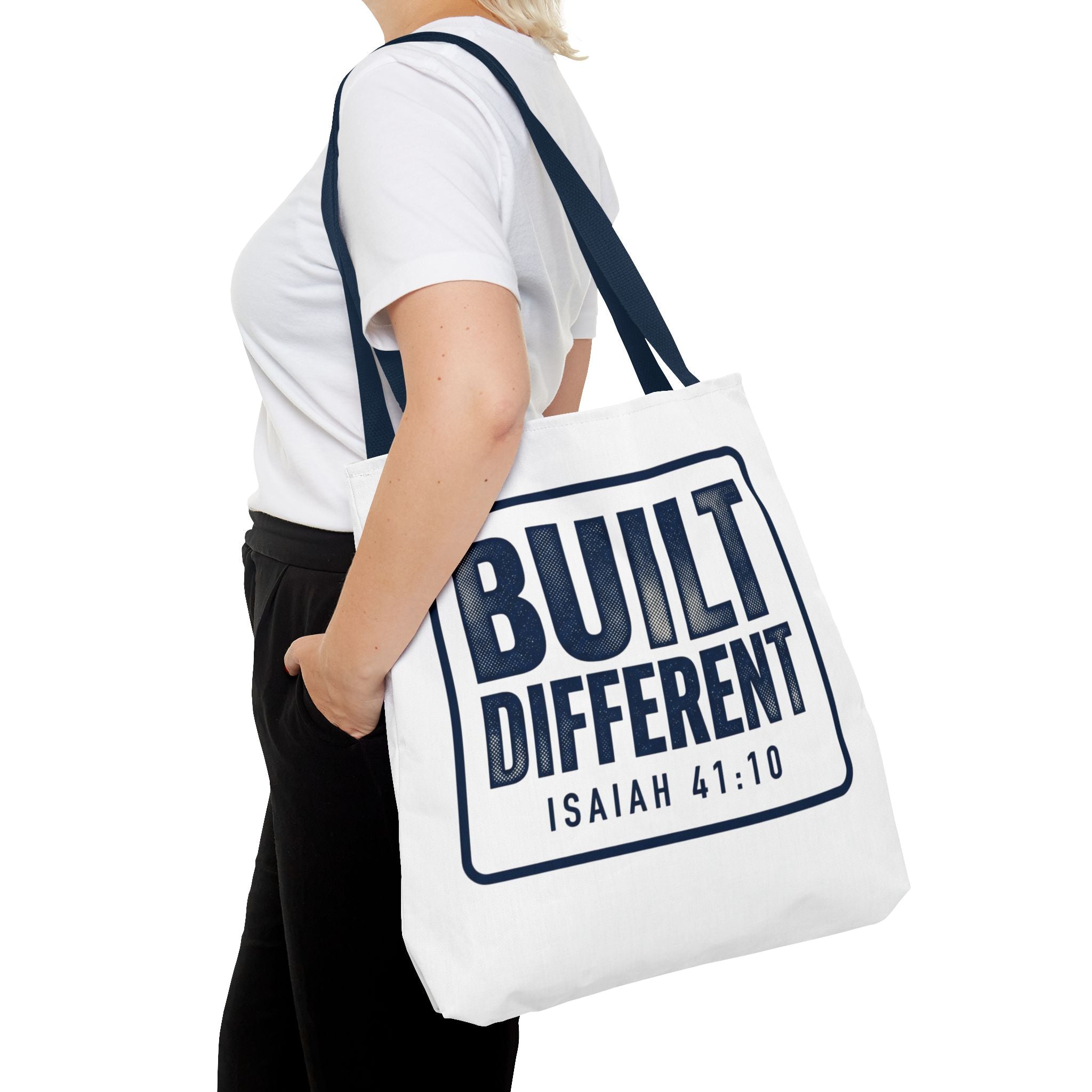 Built Different Tote Bag — Isaiah 41:10 Inspirational Canvas Tote