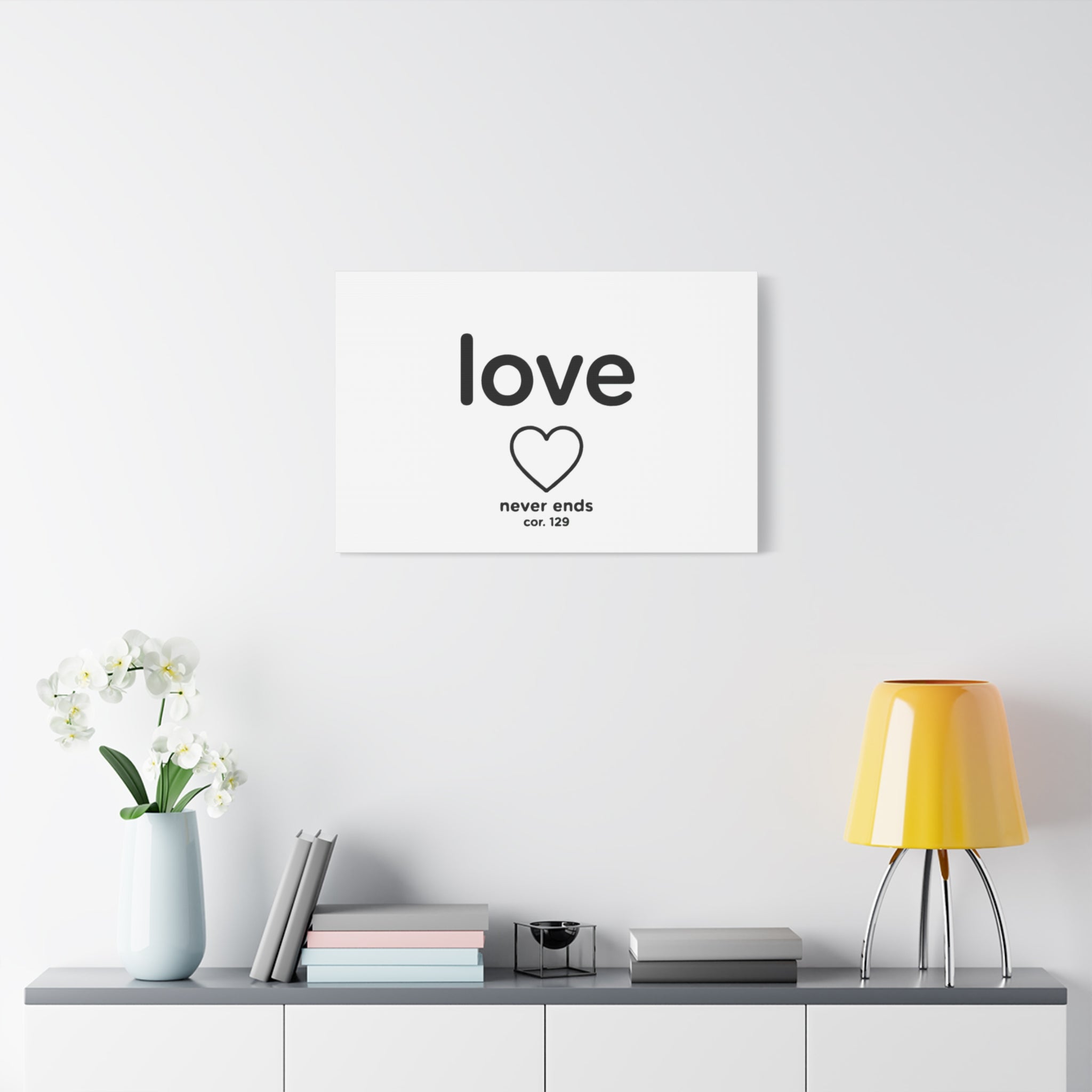 Canvas Wall Art — "love" Heart with "never ends cor. 129" Minimalist Print