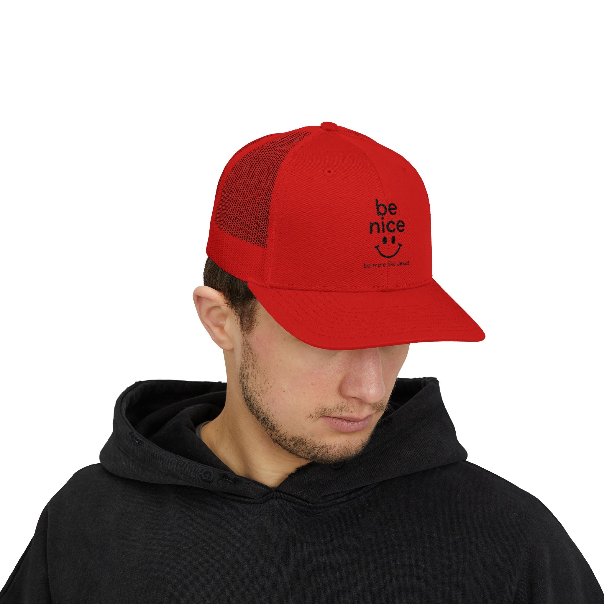 Be Nice Smiley Snapback Trucker Cap — Positive Message Mesh Hat