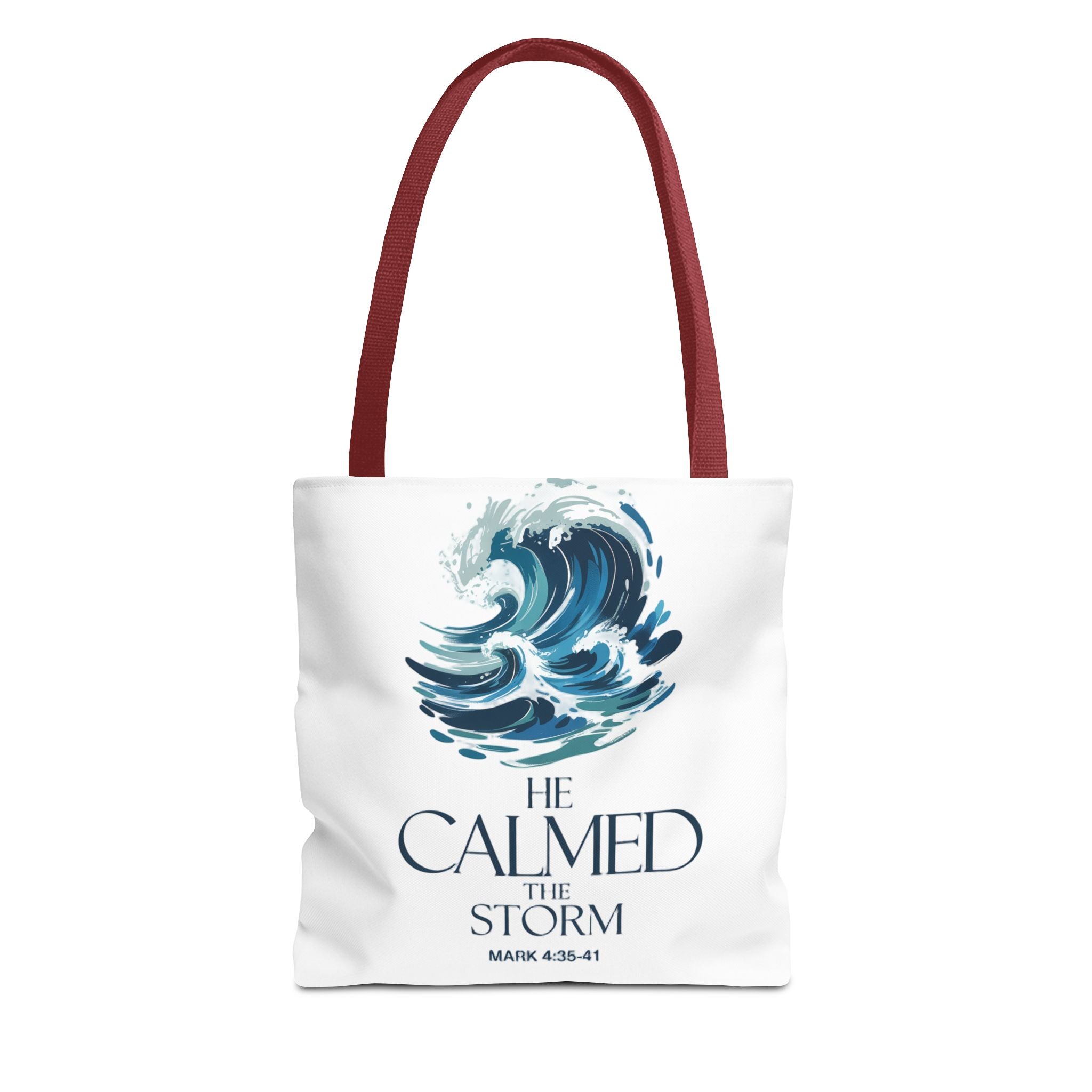 Calmed the Storm Tote Bag — Inspirational Bible Verse Mark 4:39-41 Canvas Tote