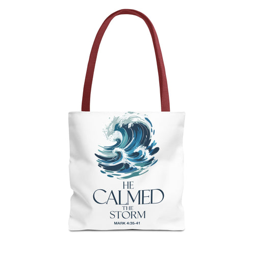 Calmed the Storm Tote Bag — Inspirational Bible Verse Mark 4:39-41 Canvas Tote