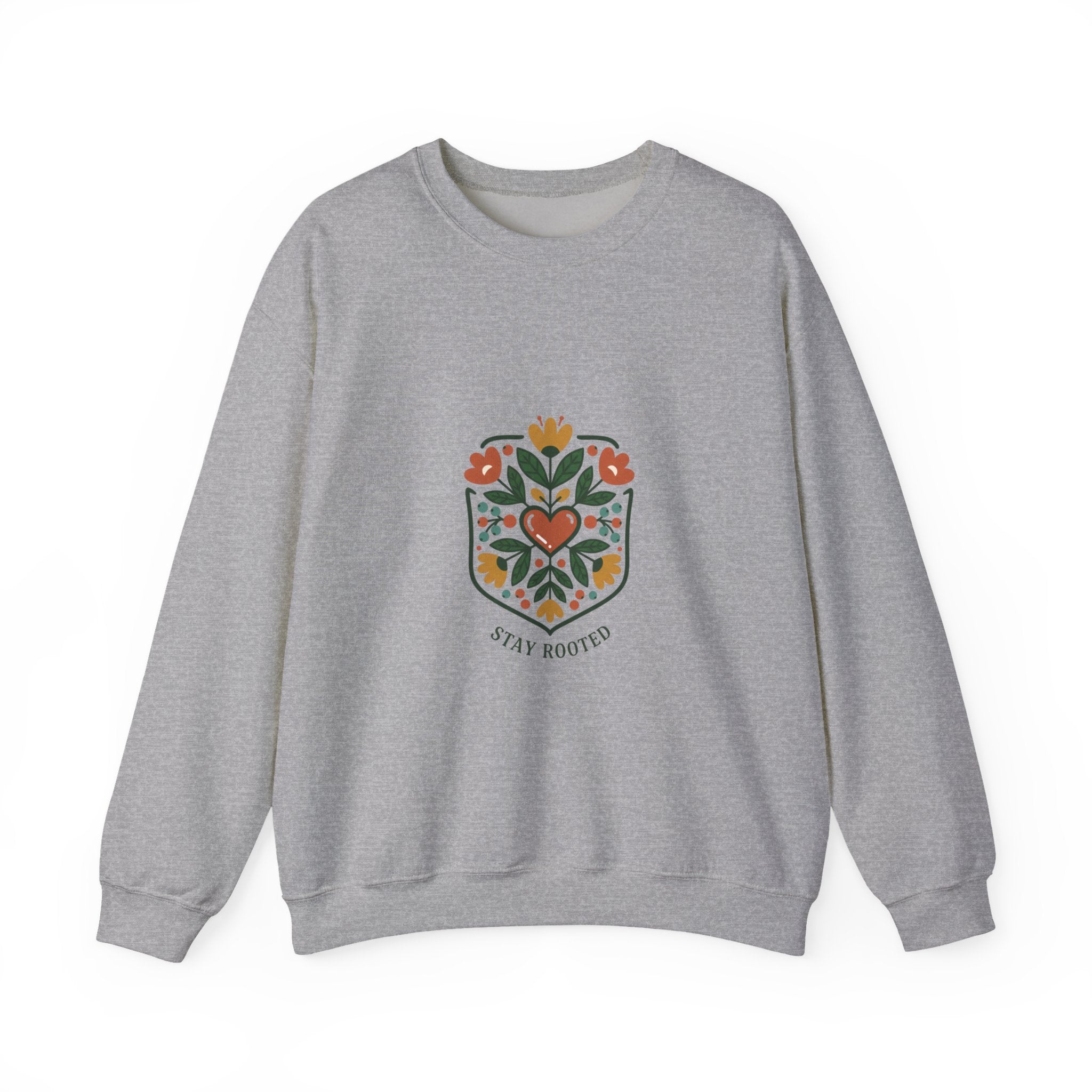 Stay Rooted Folk Botanical Sweatshirt | hand-drawn folk art print, embroidery style