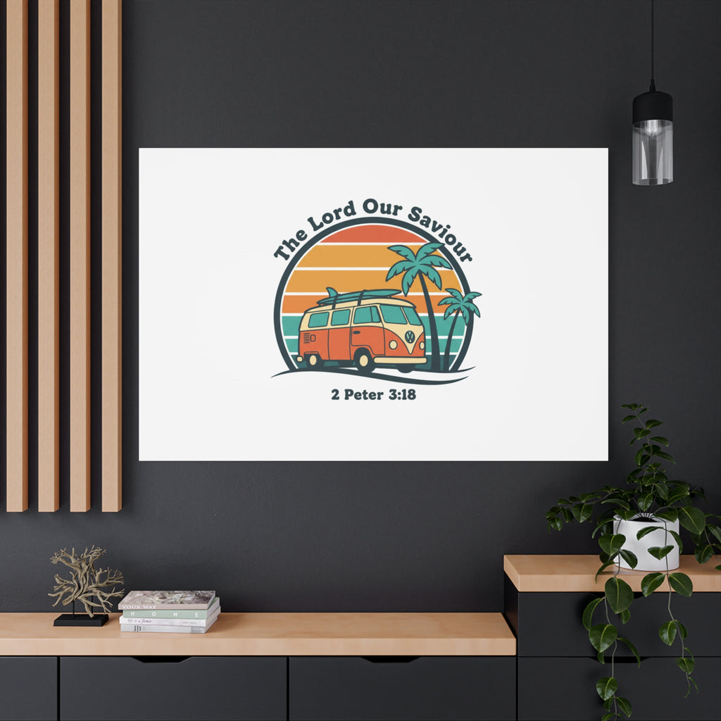 The Lord our Saviour, Retro Surf Sunset Canvas | 70s Van Palm Postcard, Analog Sunshine Aesthetic