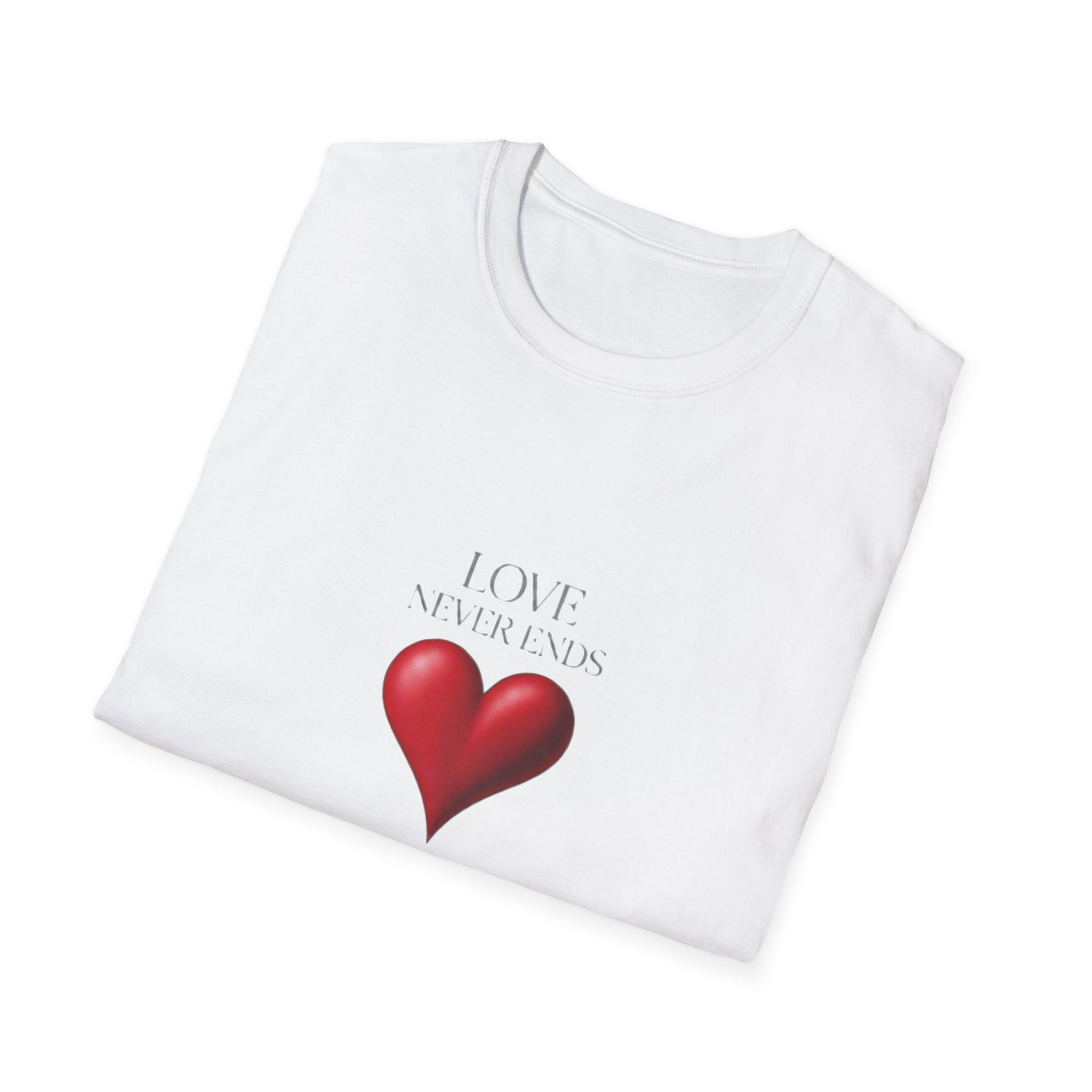 T-Shirt "Love Never Ends" -  Red Heart Graphic Bible Quote Tee