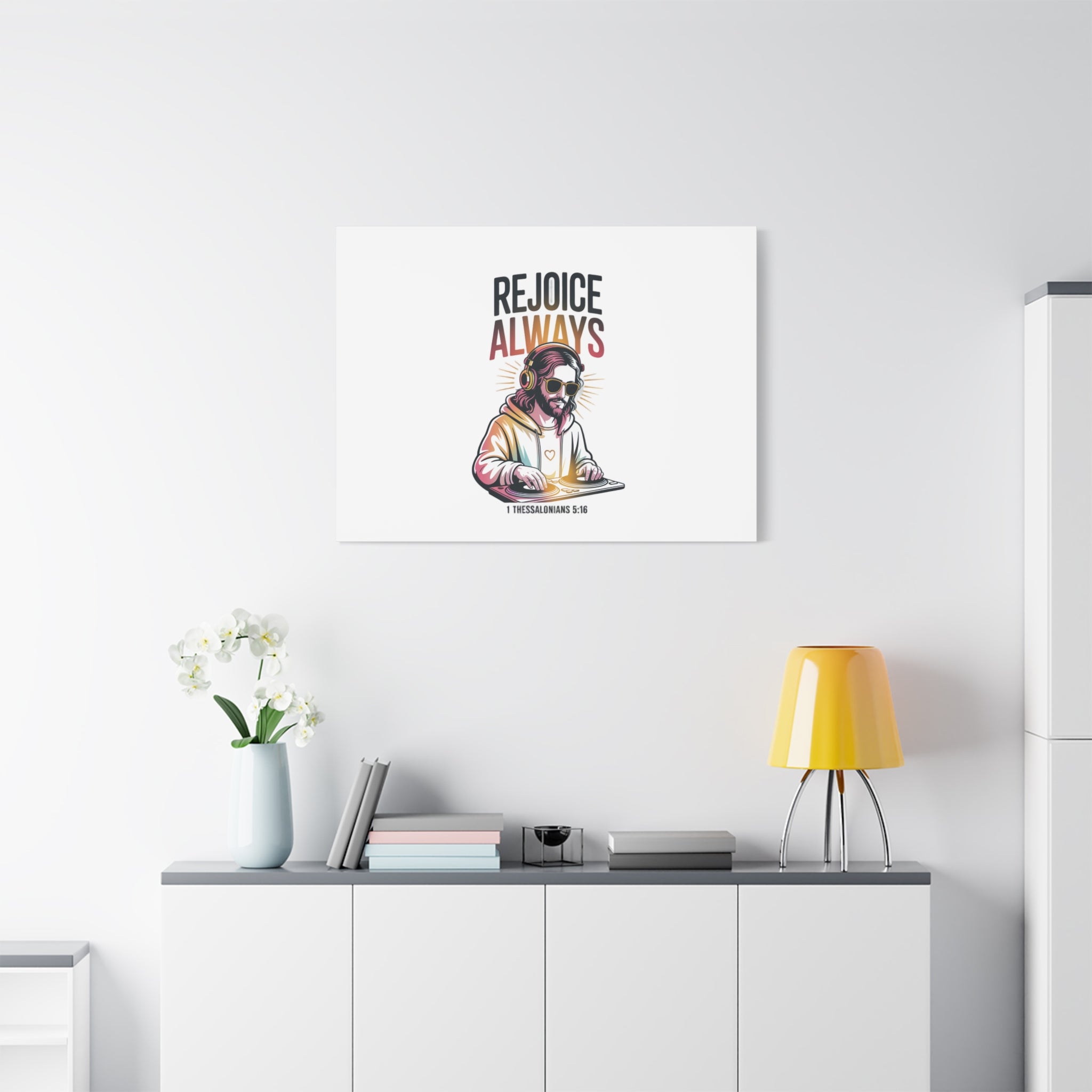 Rejoice Always Canvas Wall Art — Modern Jesus Illustration (1 Thessalonians 5:16)
