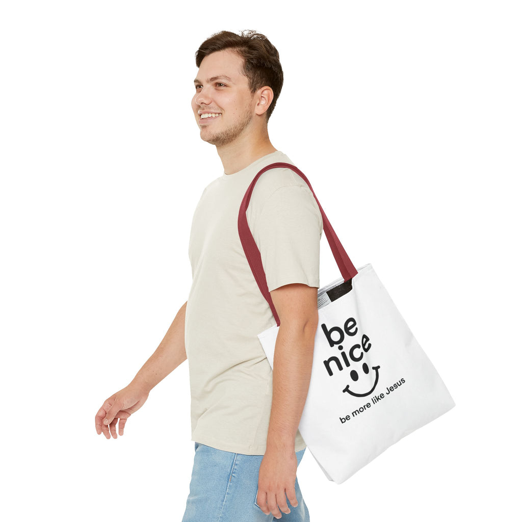 Be Nice Smiley Tote Bag — "be more like Jesus" Inspirational Canvas Tote