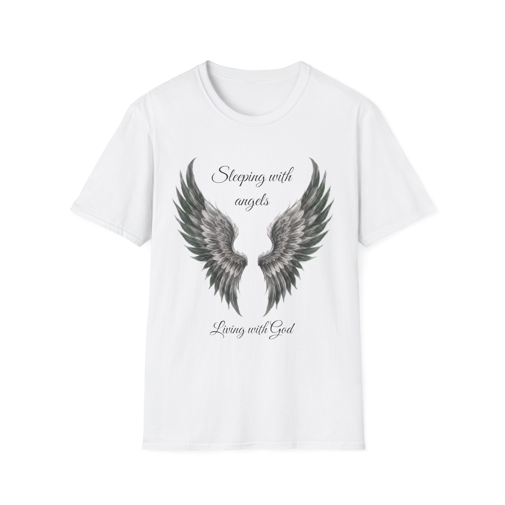 Black Angel Wings T-Shirt — “Sleeping with angels, living with God.” Christian Faith Tee
